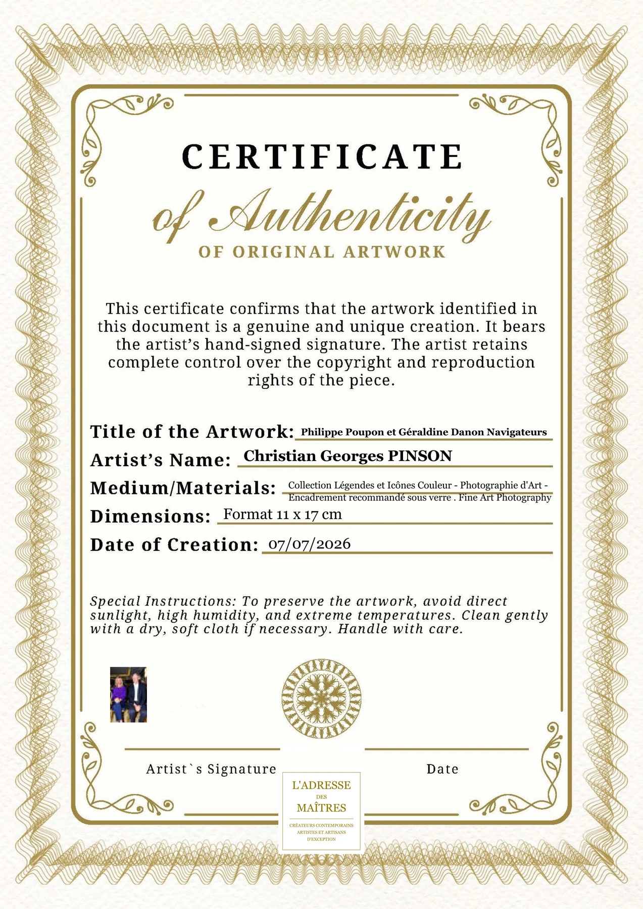 Certificat d'authenticité - Philippe Poupon et Géraldine Danon Navigateurs - Christian Georges PINSON