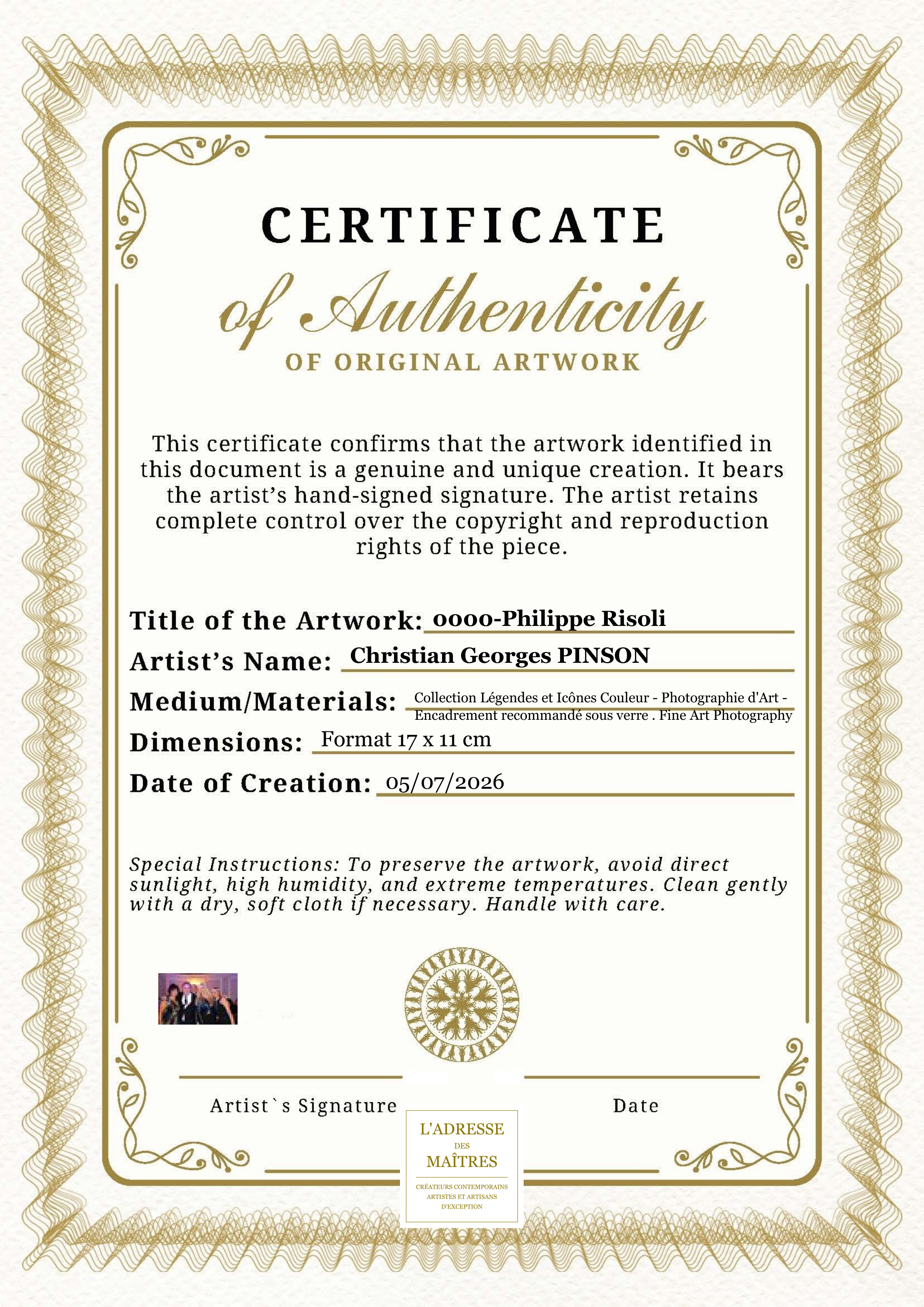Certificat d'authenticité — 0000-Philippe Risoli — Christian Georges PINSON