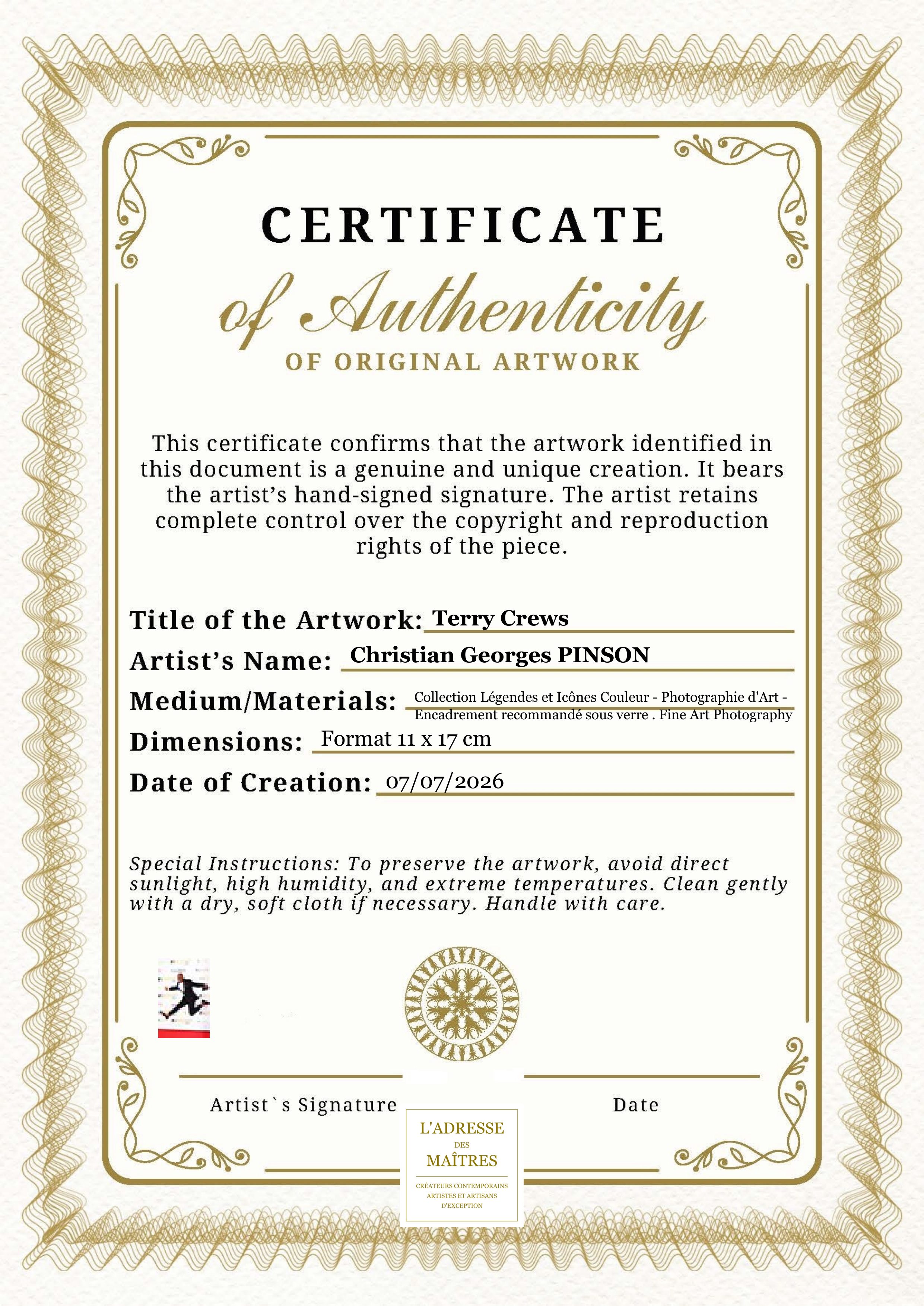 Certificat d'authenticité — Terry Crews — Christian Georges PINSON