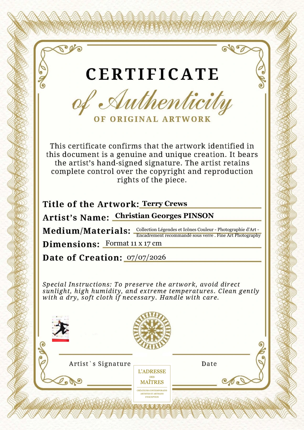 Certificat d'authenticité - Terry Crews - Christian Georges PINSON