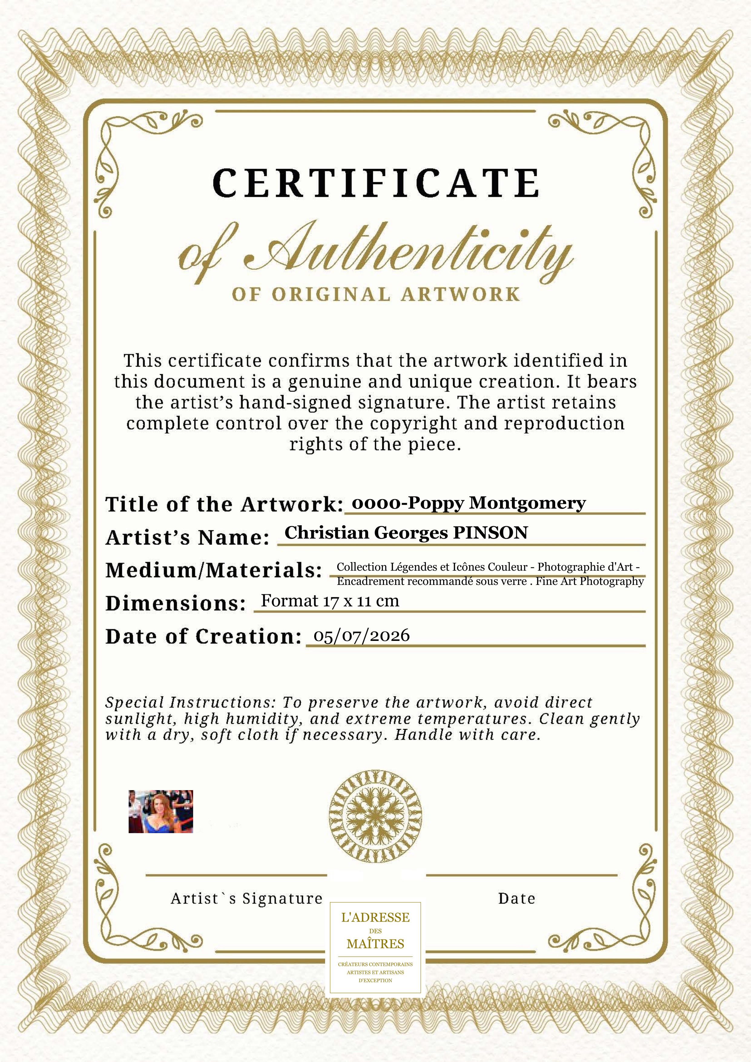 Certificat d'authenticité — 0000-Poppy Montgomery — Christian Georges PINSON