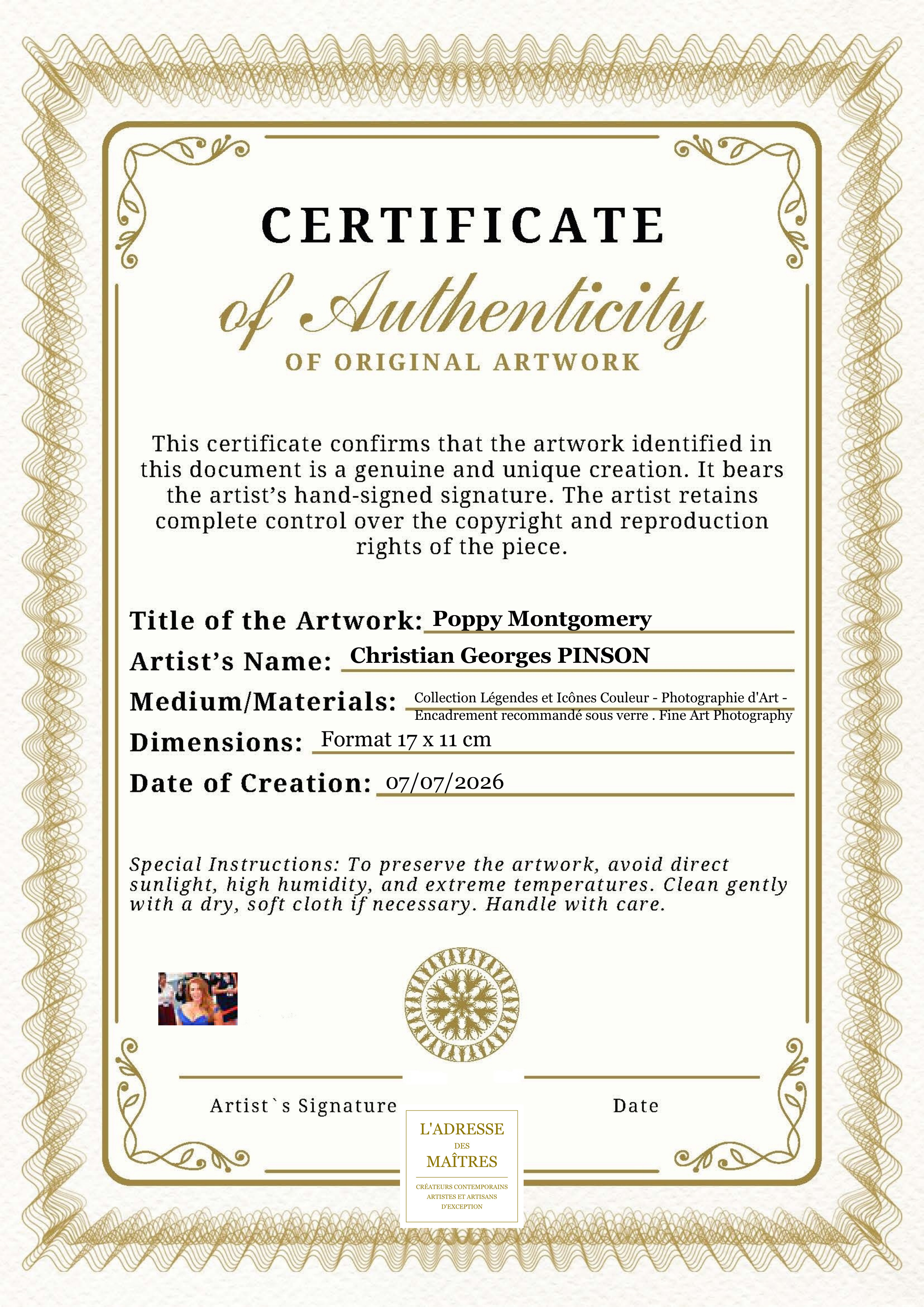 Certificat d'authenticité — Poppy Montgomery — Christian Georges PINSON