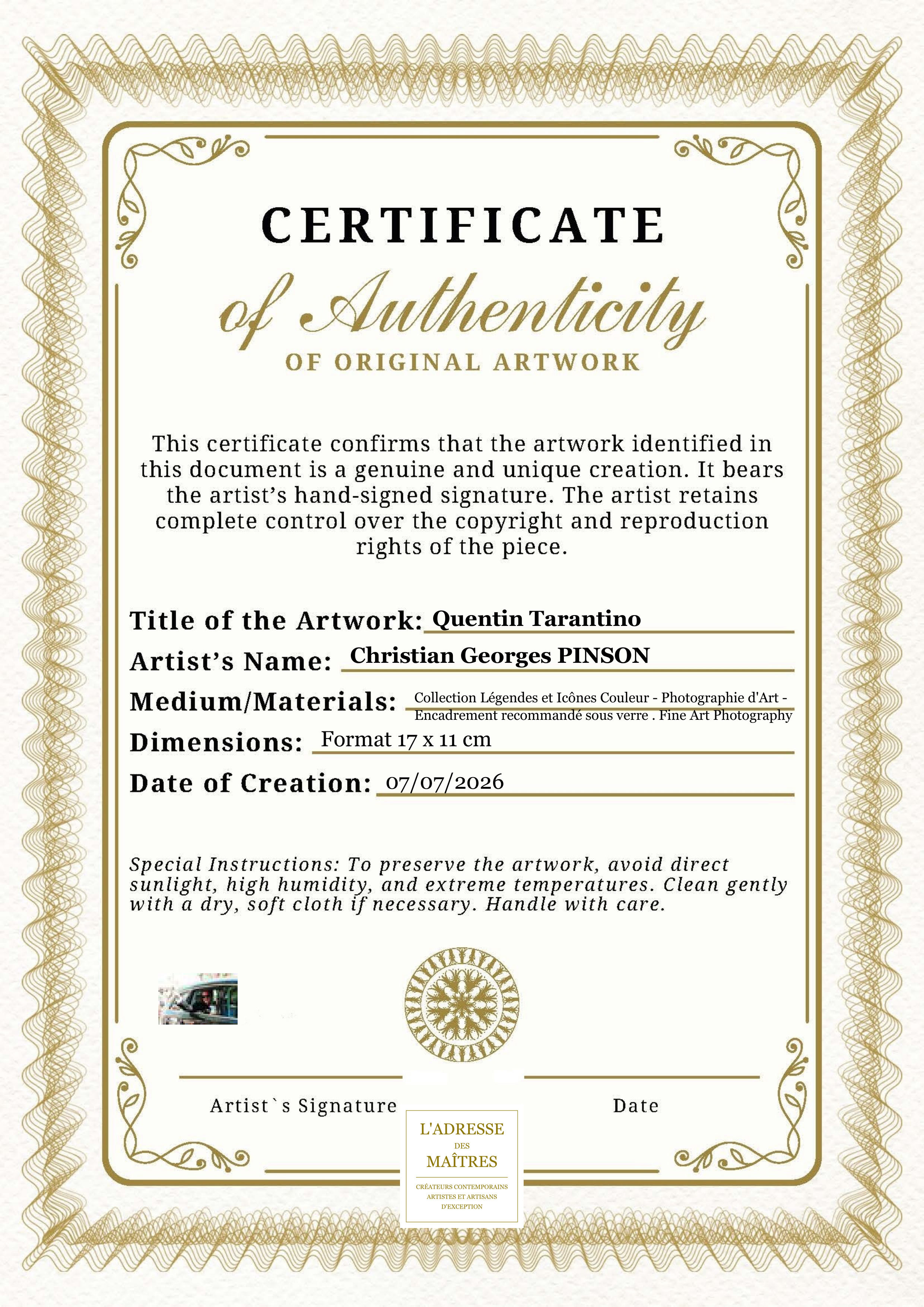 Certificat d'authenticité — Quentin Tarantino — Christian Georges PINSON