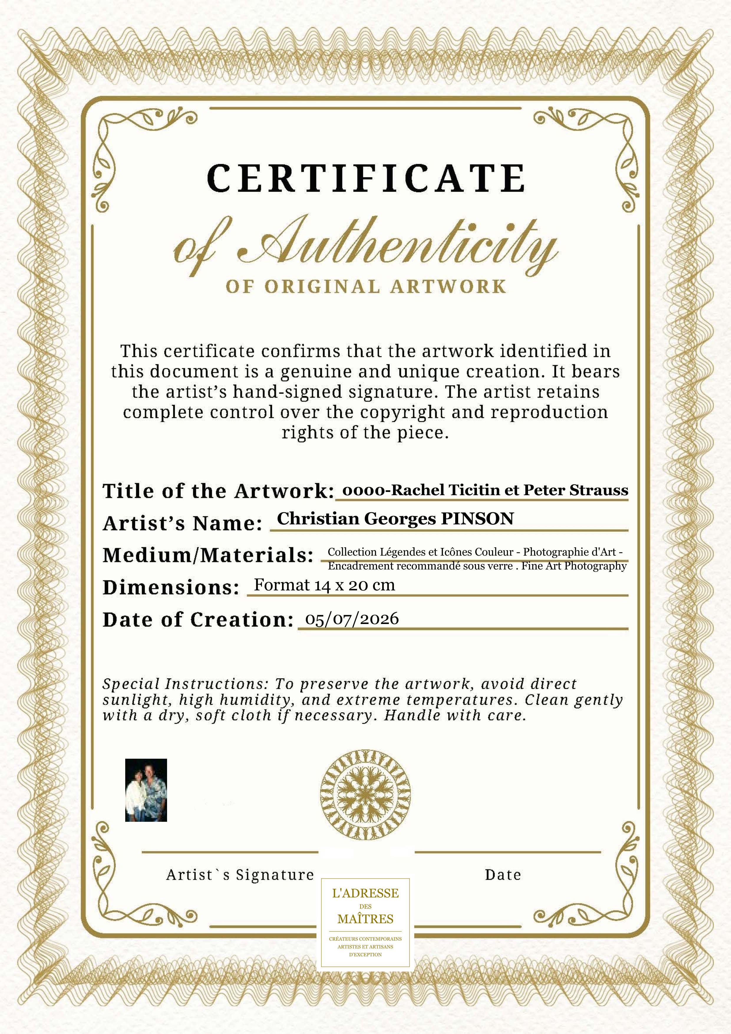 Certificat d'authenticité — 0000-Rachel Ticitin et Peter Strauss — Christian Georges PINSON