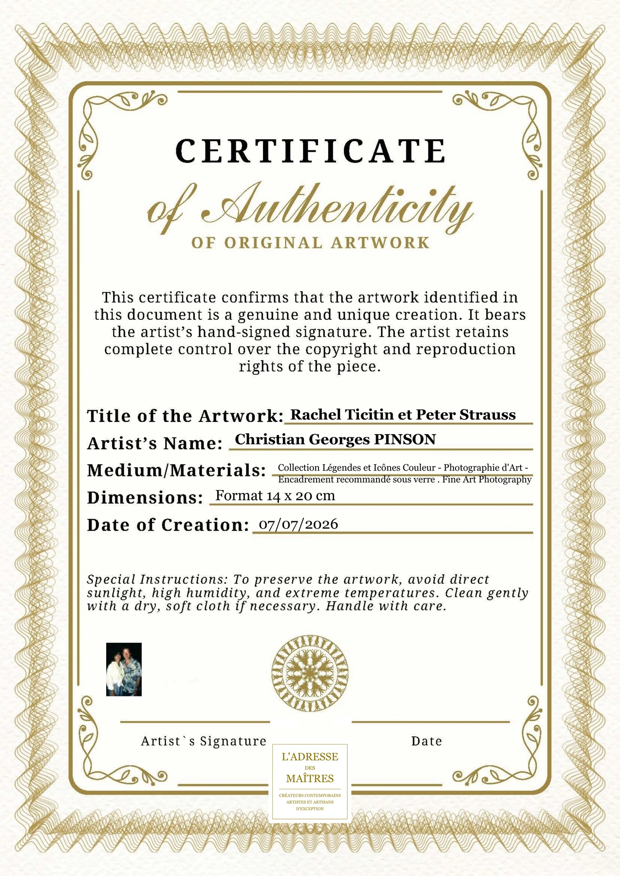 Certificat d'authenticité - Rachel Ticitin et Peter Strauss - Christian Georges PINSON