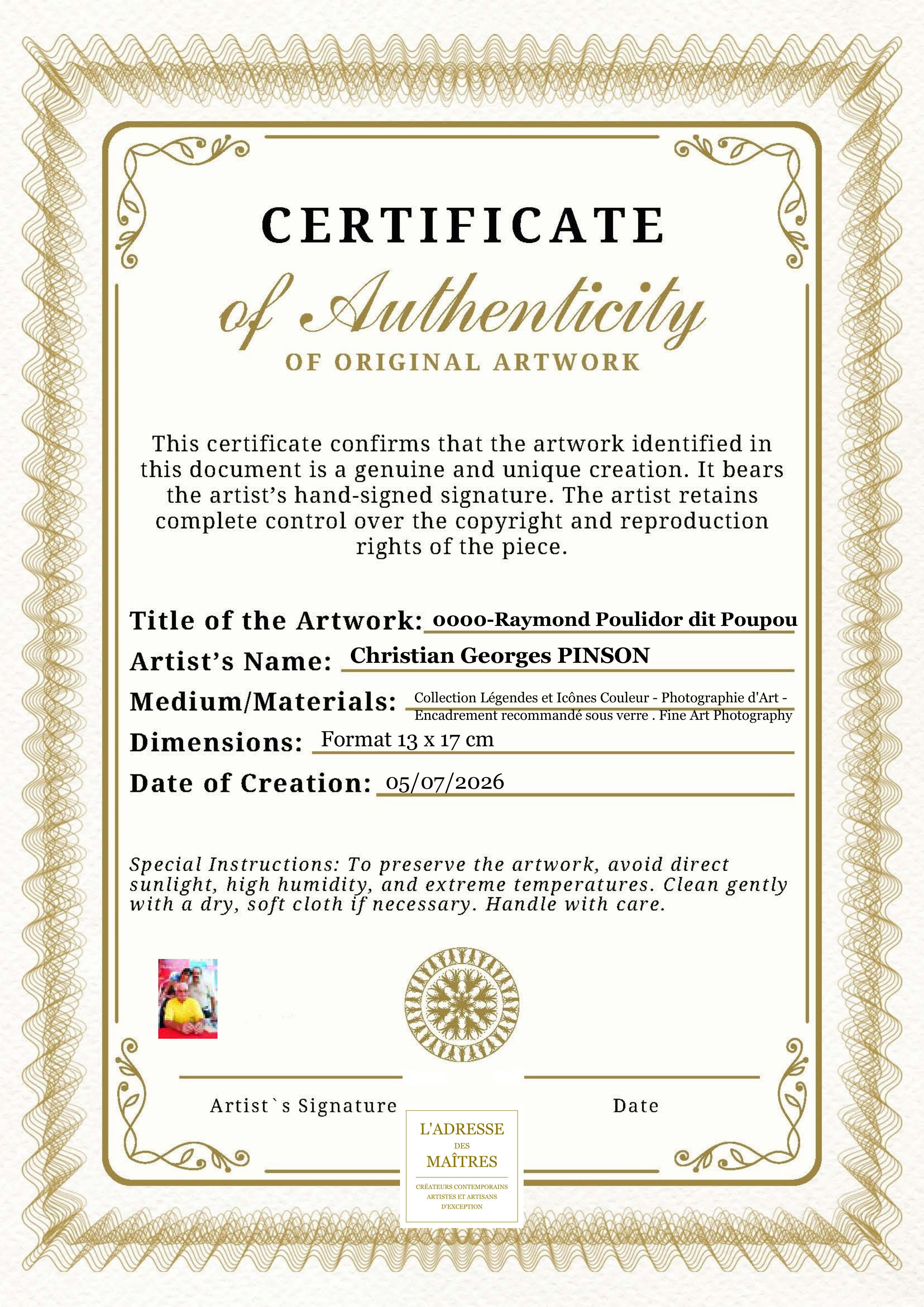 Certificat d'authenticité — 0000-Raymond Poulidor dit Poupou — Christian Georges PINSON