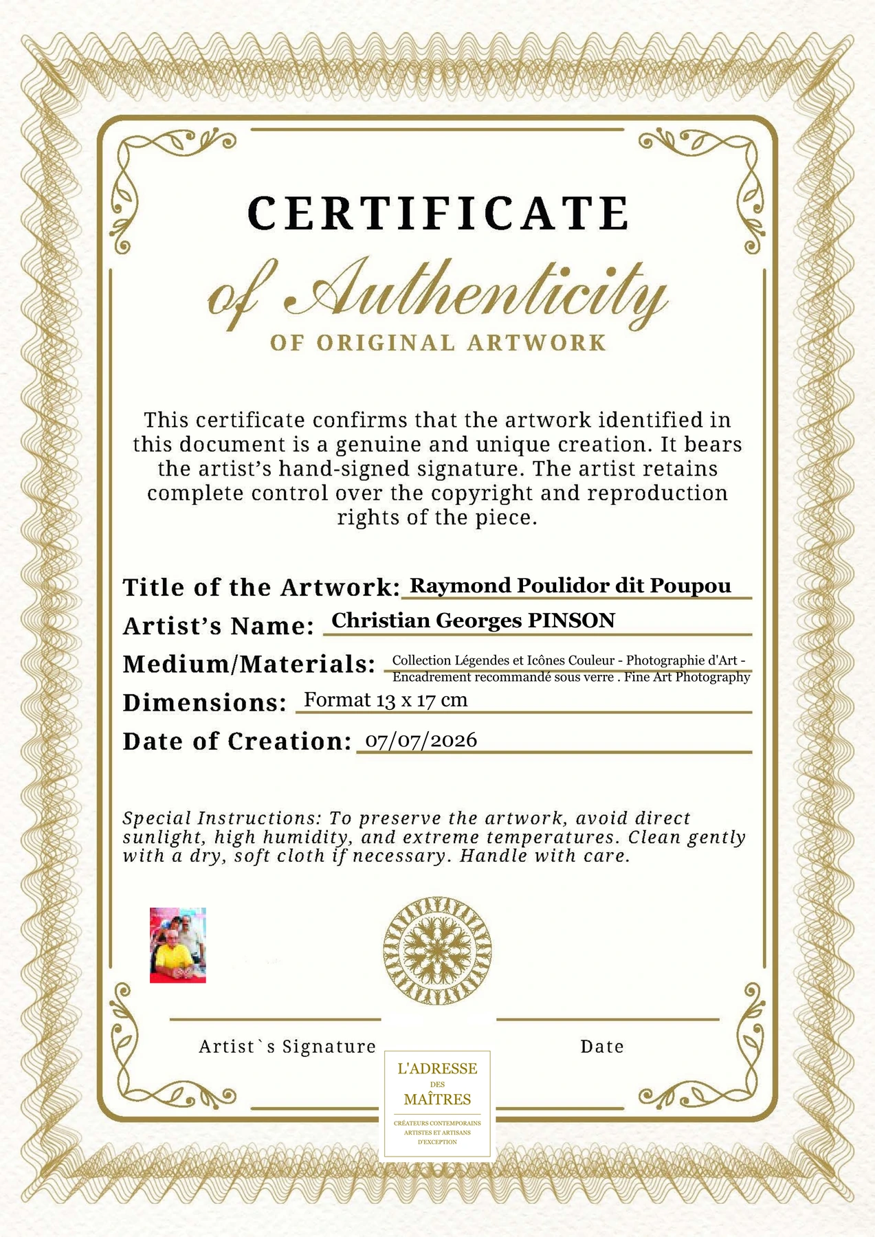 Certificat d'authenticité - Raymond Poulidor dit Poupou - Christian Georges PINSON
