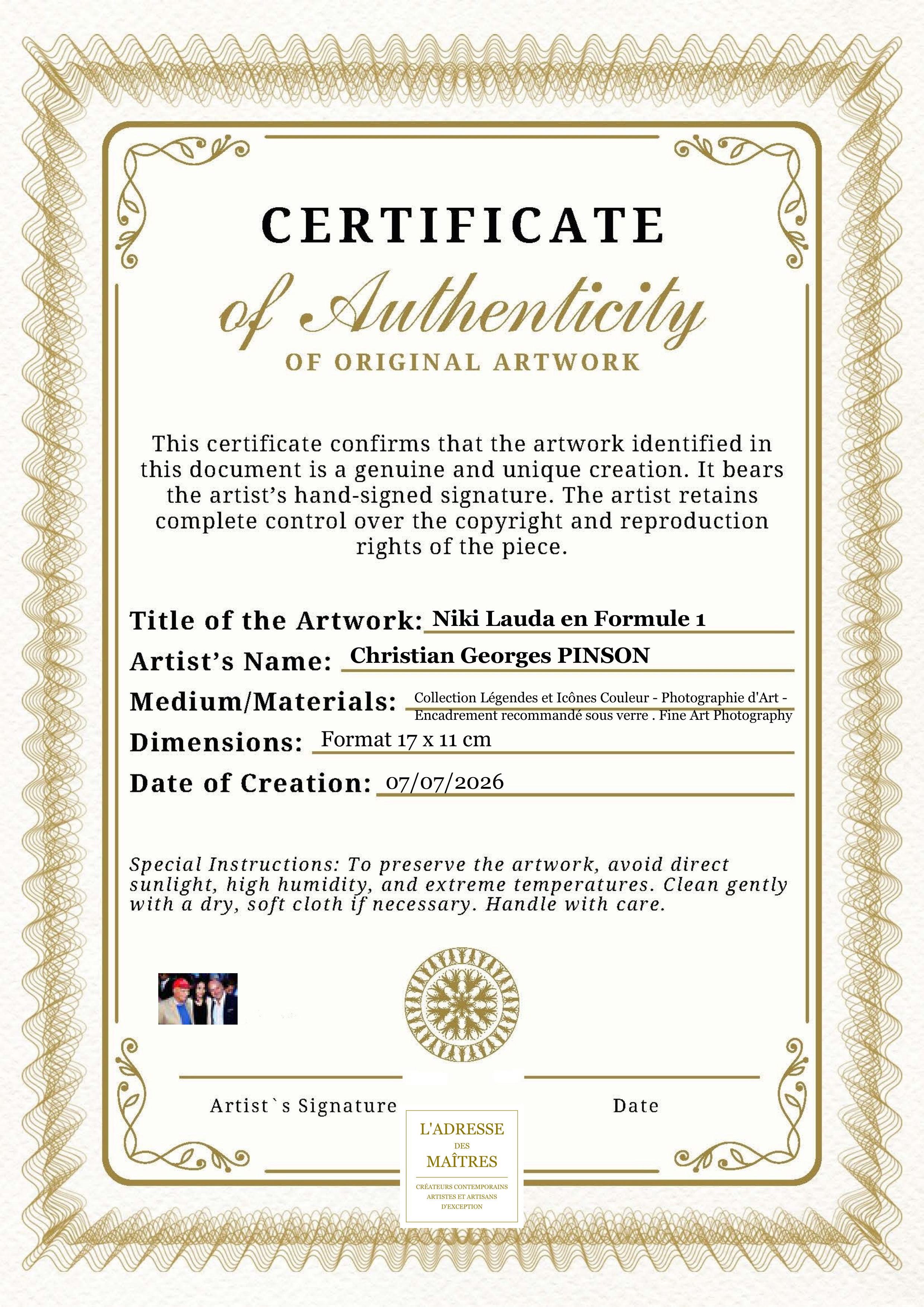 Certificat d'authenticité — Niki Lauda en Formule 1 — Christian Georges PINSON