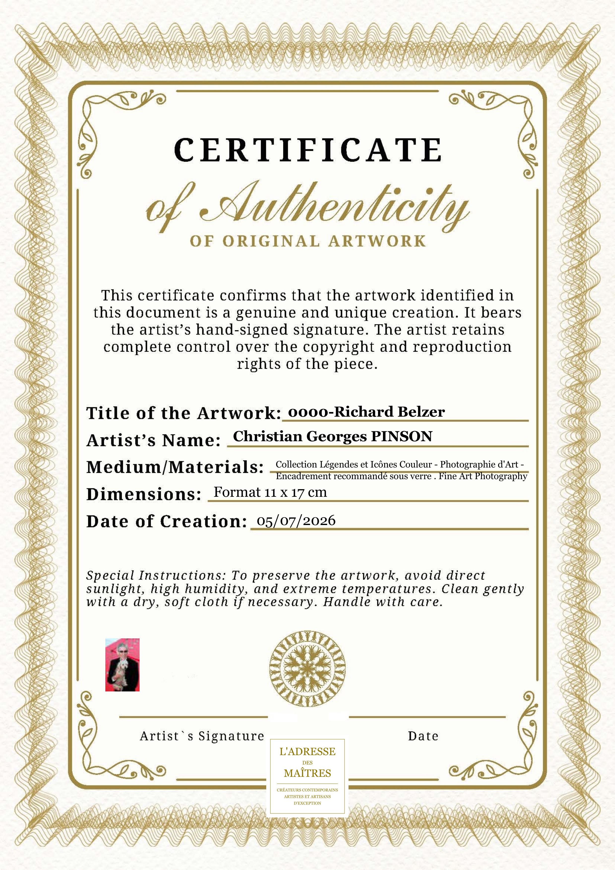 Certificat d'authenticité — 0000-Richard Belzer — Christian Georges PINSON