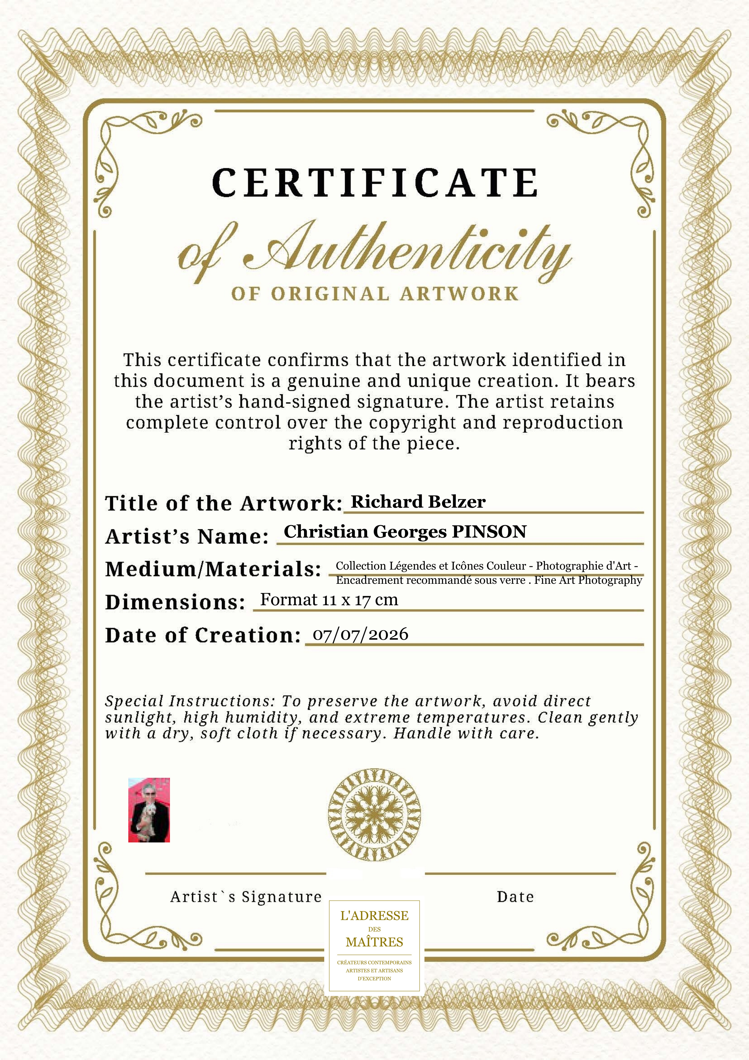 Certificat d'authenticité — Richard Belzer — Christian Georges PINSON