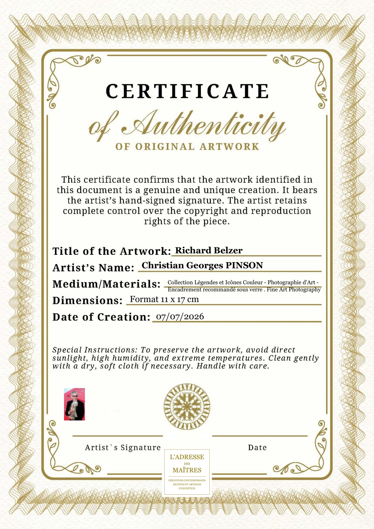 Certificat d'authenticité - Richard Belzer - Christian Georges PINSON