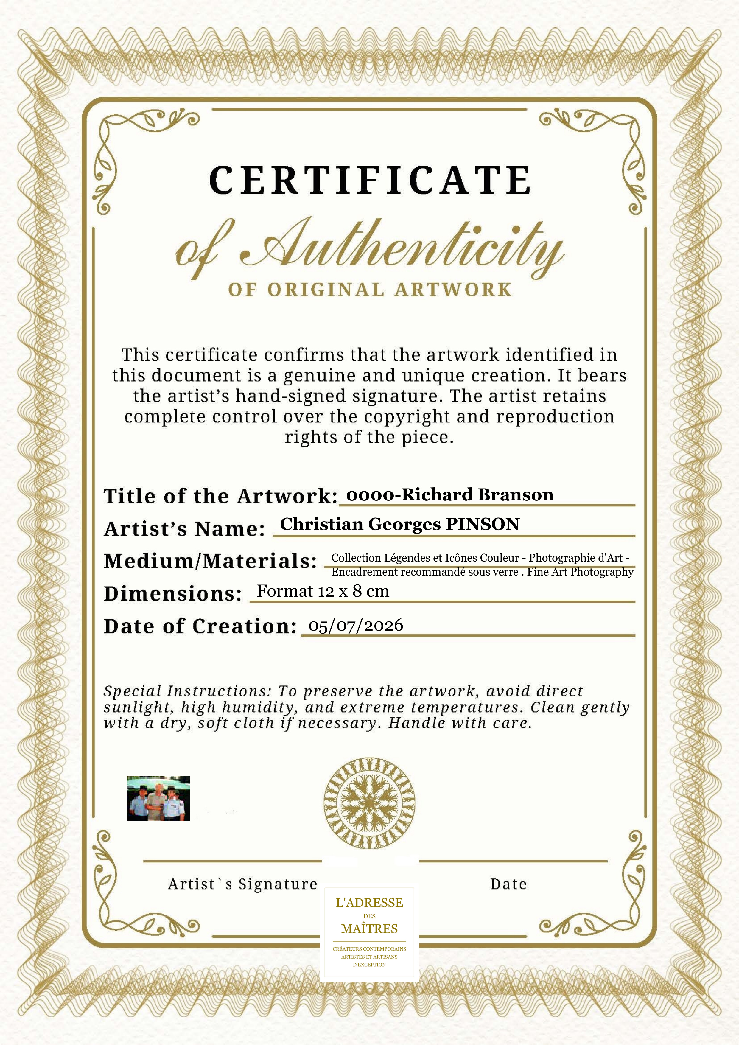 Certificat d'authenticité — 0000-Richard Branson — Christian Georges PINSON
