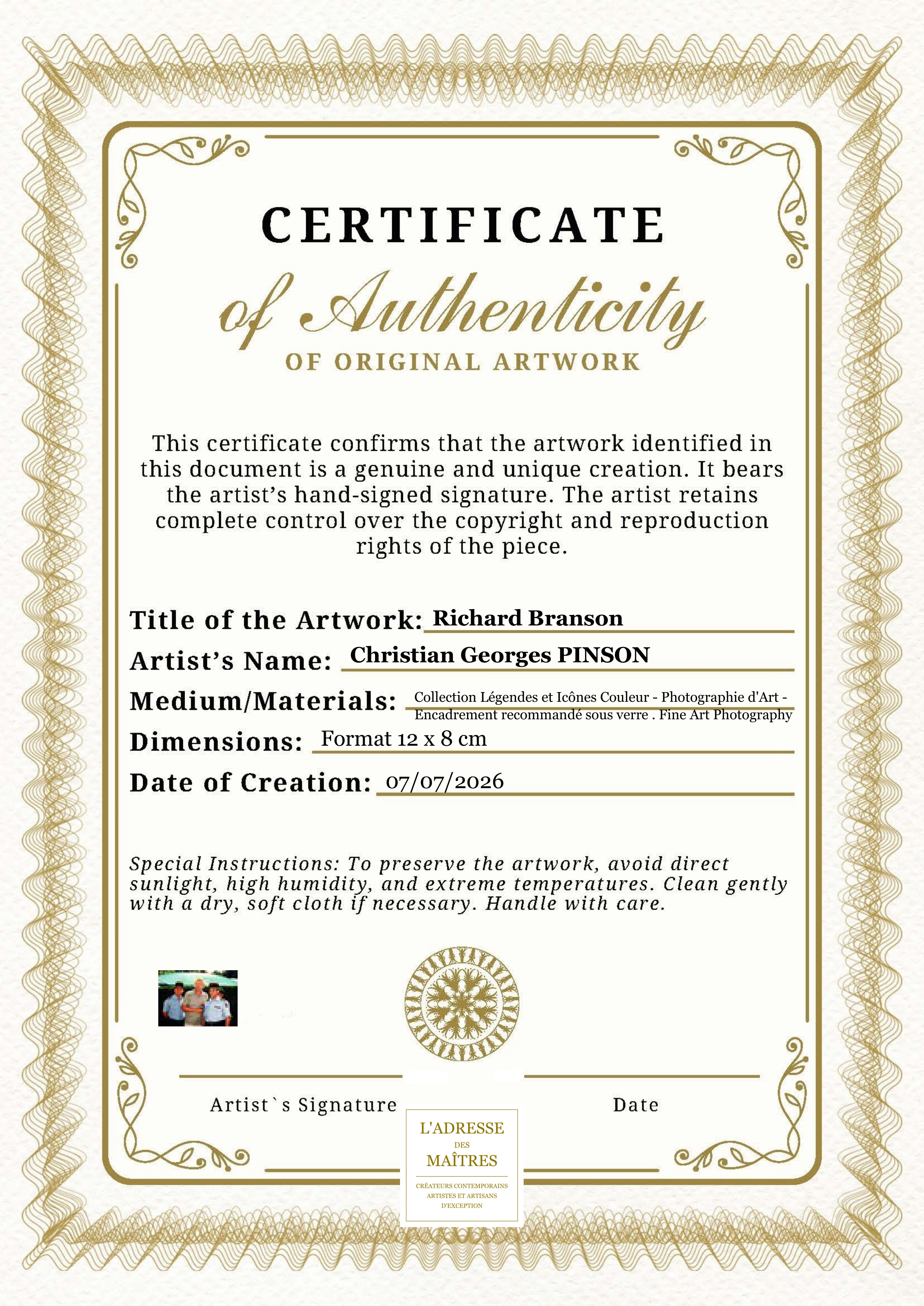 Certificat d'authenticité — Richard Branson — Christian Georges PINSON