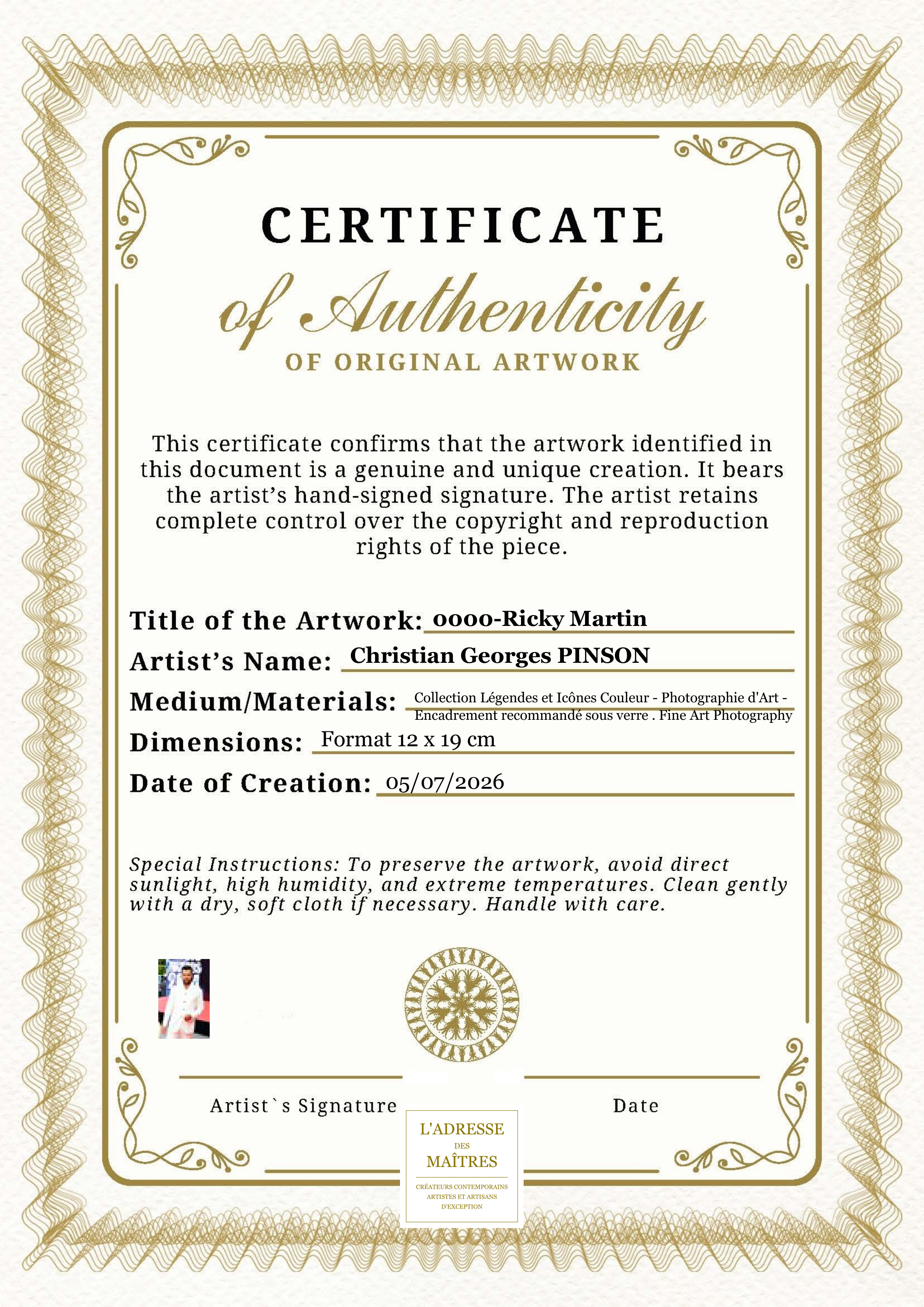 Certificat d'authenticité — 0000-Ricky Martin — Christian Georges PINSON