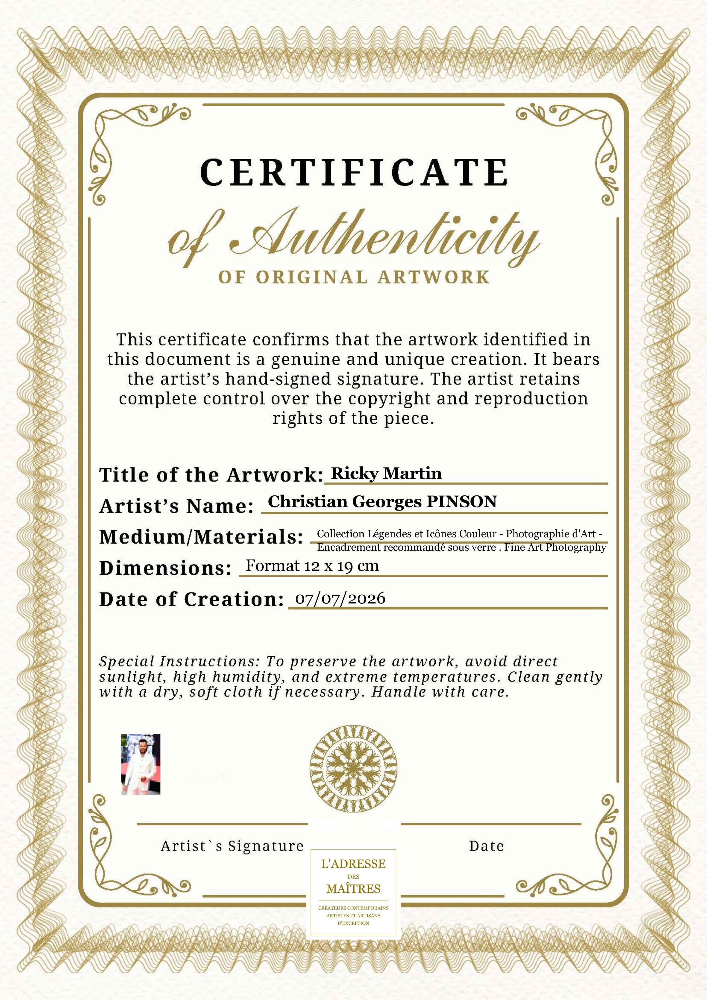 Certificat d'authenticité — Ricky Martin — Christian Georges PINSON
