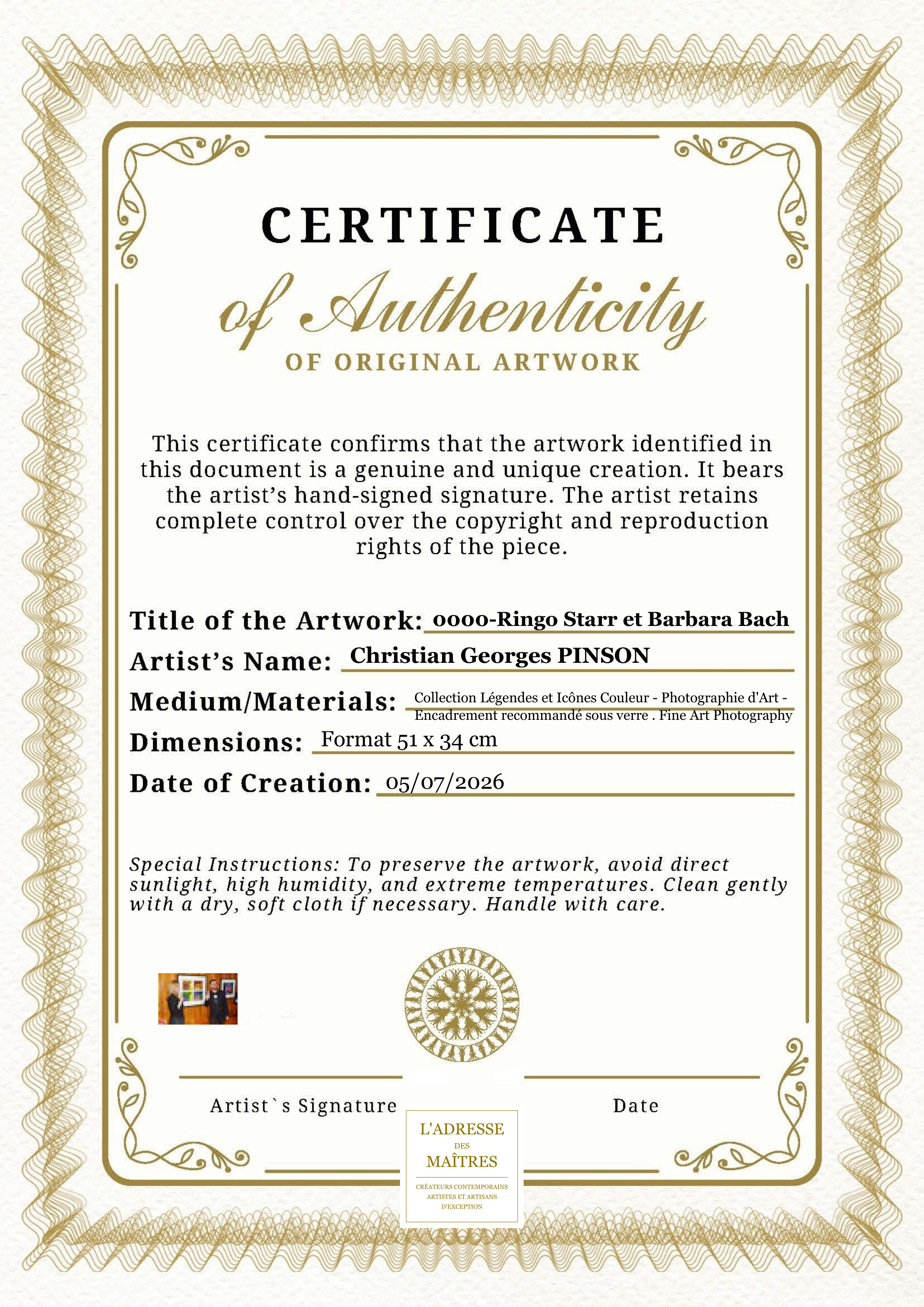 Certificat d'authenticité — 0000-Ringo Starr et Barbara Bach — Christian Georges PINSON