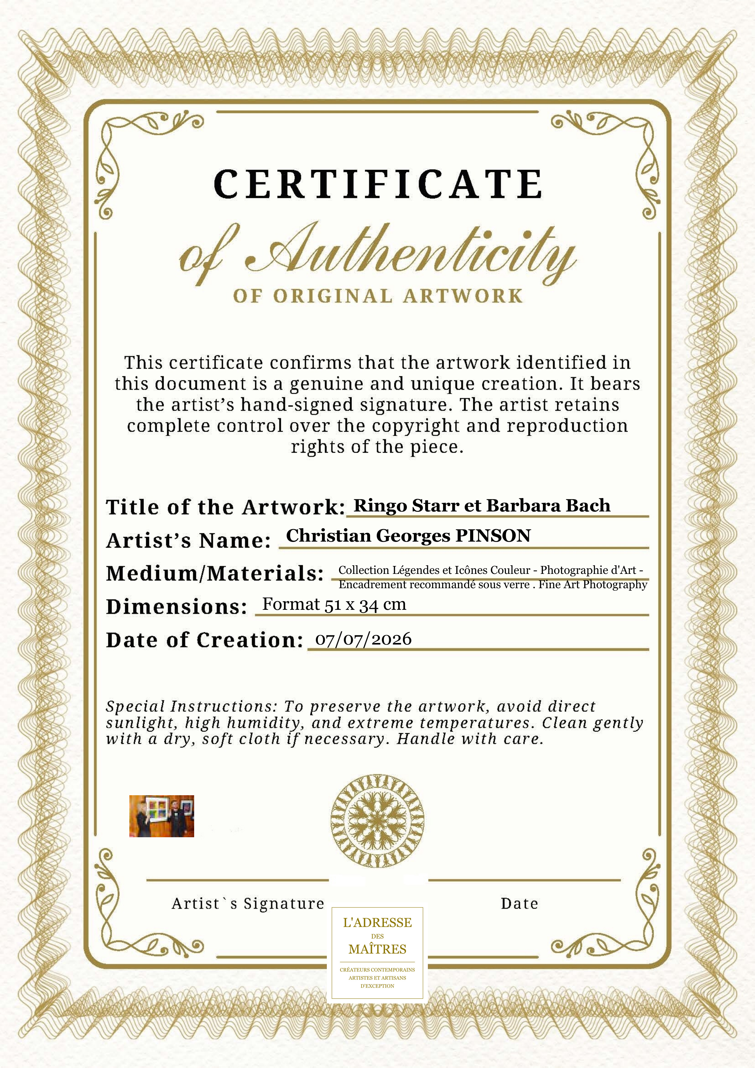 Certificat d'authenticité — Ringo Starr et Barbara Bach — Christian Georges PINSON