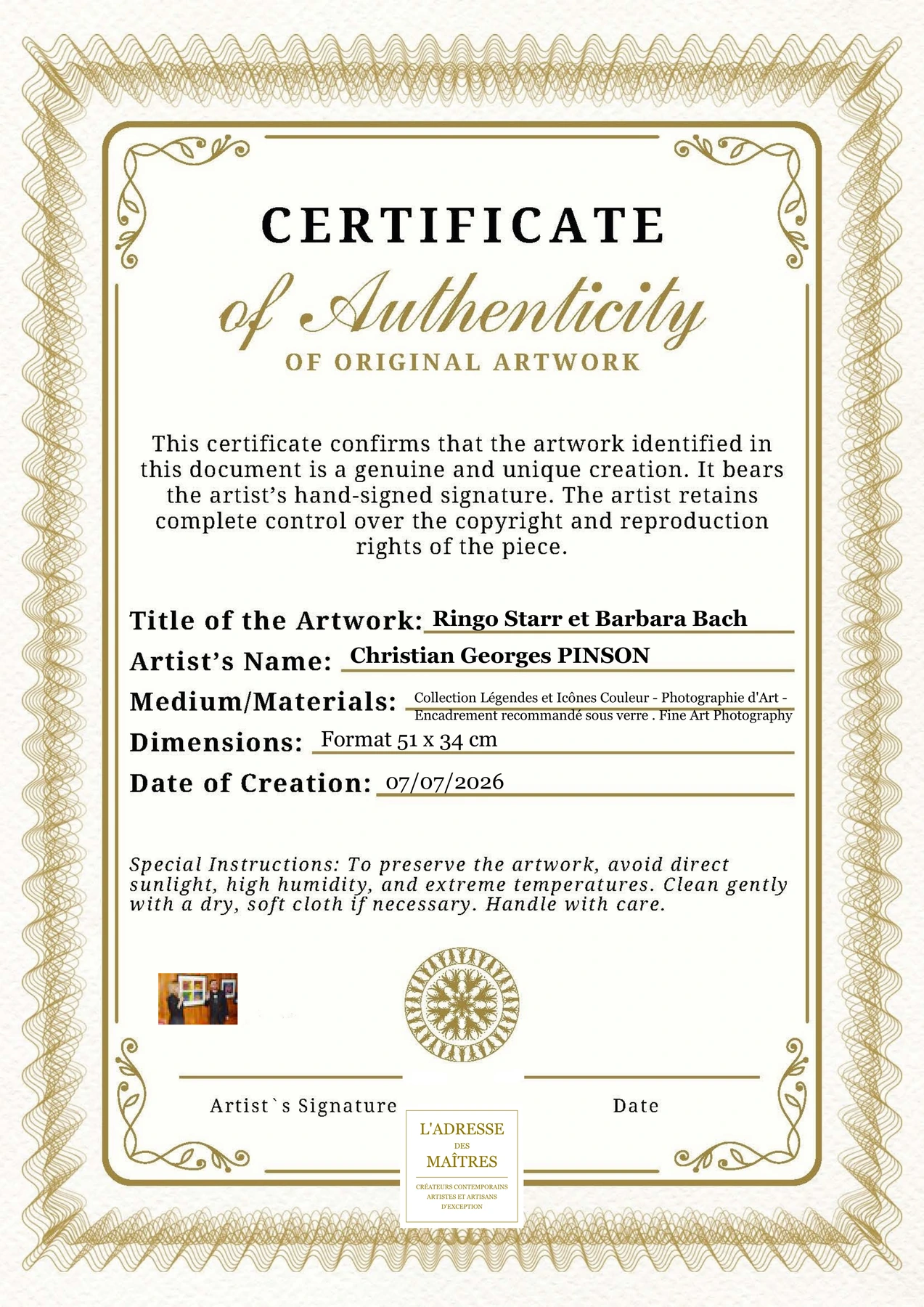 Certificat d'authenticité - Ringo Starr et Barbara Bach - Christian Georges PINSON