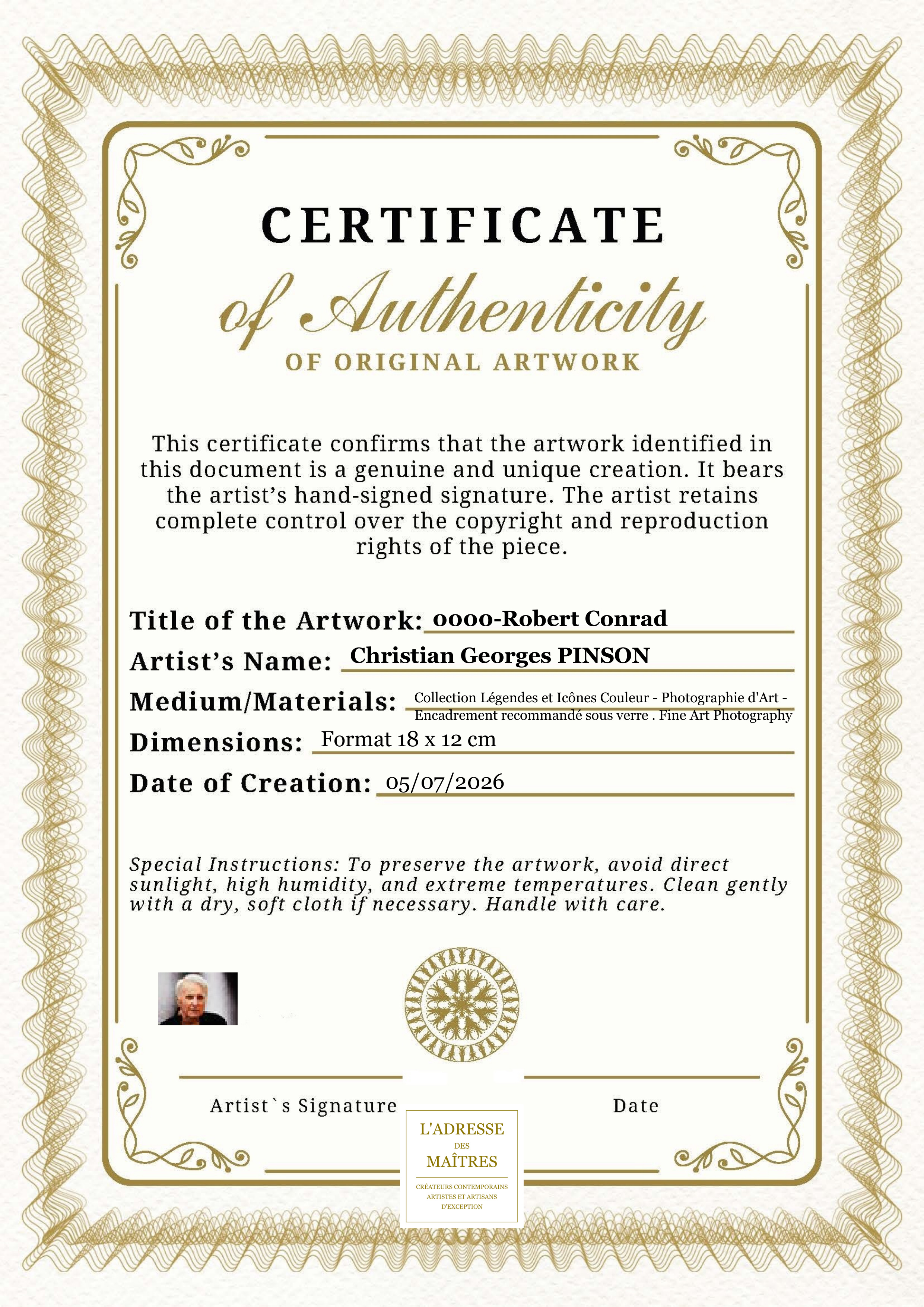 Certificat d'authenticité — 0000-Robert Conrad — Christian Georges PINSON