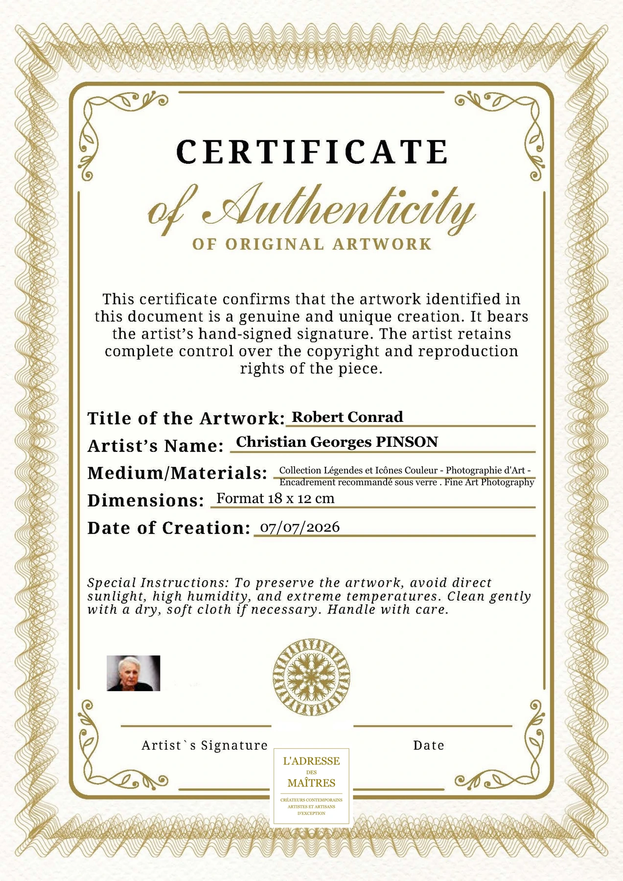 Certificat d'authenticité - Robert Conrad - Christian Georges PINSON