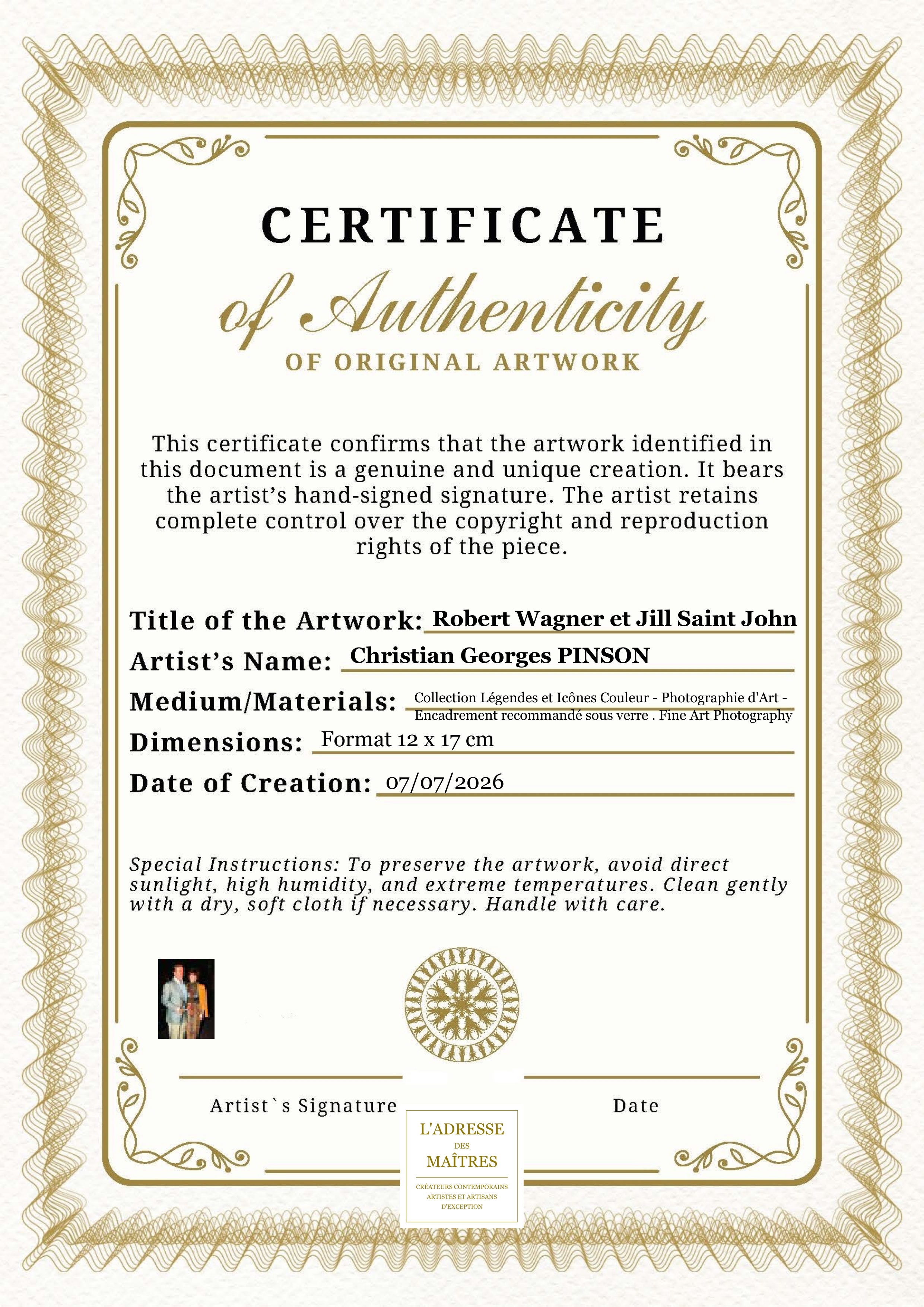 Certificat d'authenticité — Robert Wagner et Jill Saint John — Christian Georges PINSON