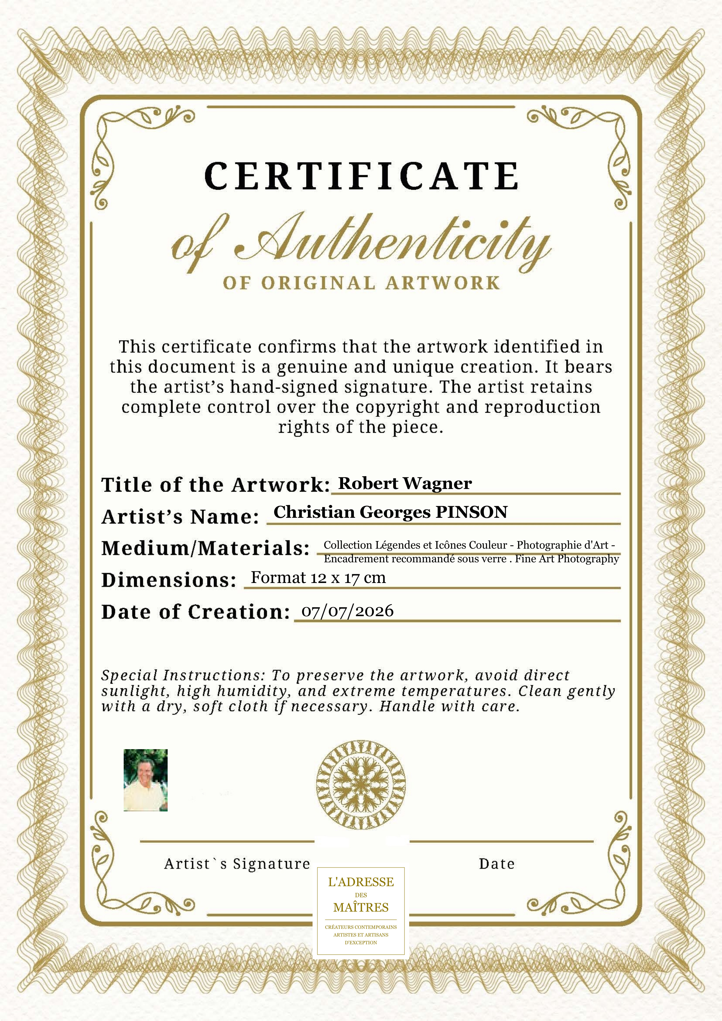 Certificat d'authenticité — Robert Wagner — Christian Georges PINSON
