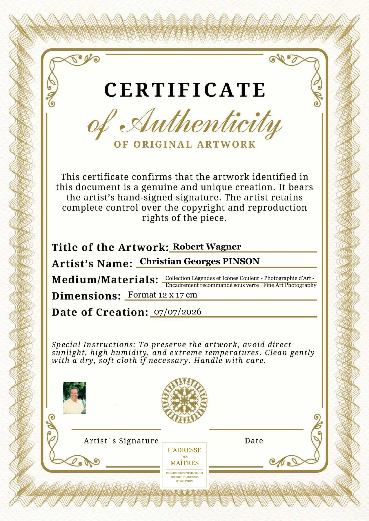 Certificat d'authenticité - Robert Wagner - Christian Georges PINSON