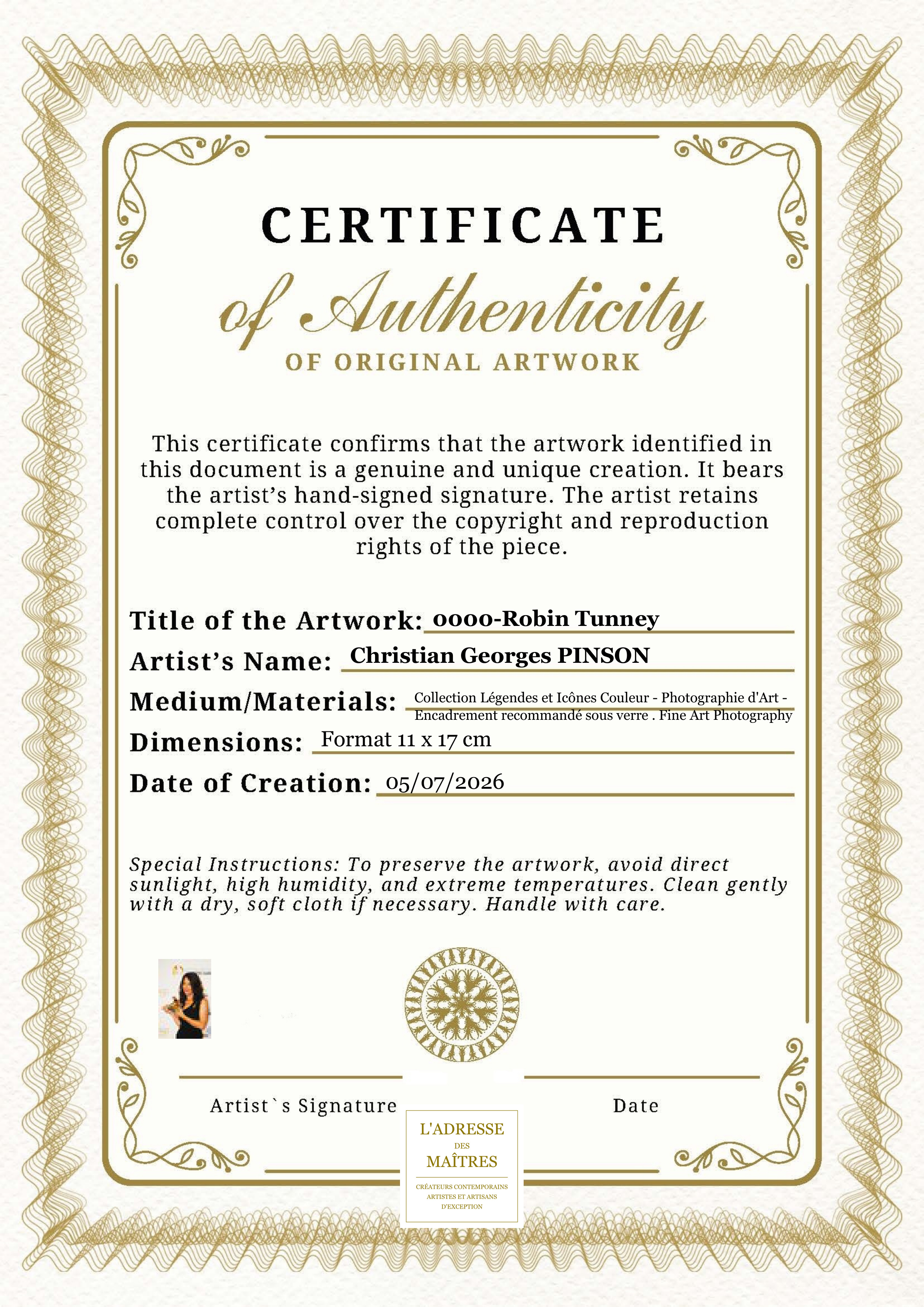 Certificat d'authenticité — 0000-Robin Tunney — Christian Georges PINSON