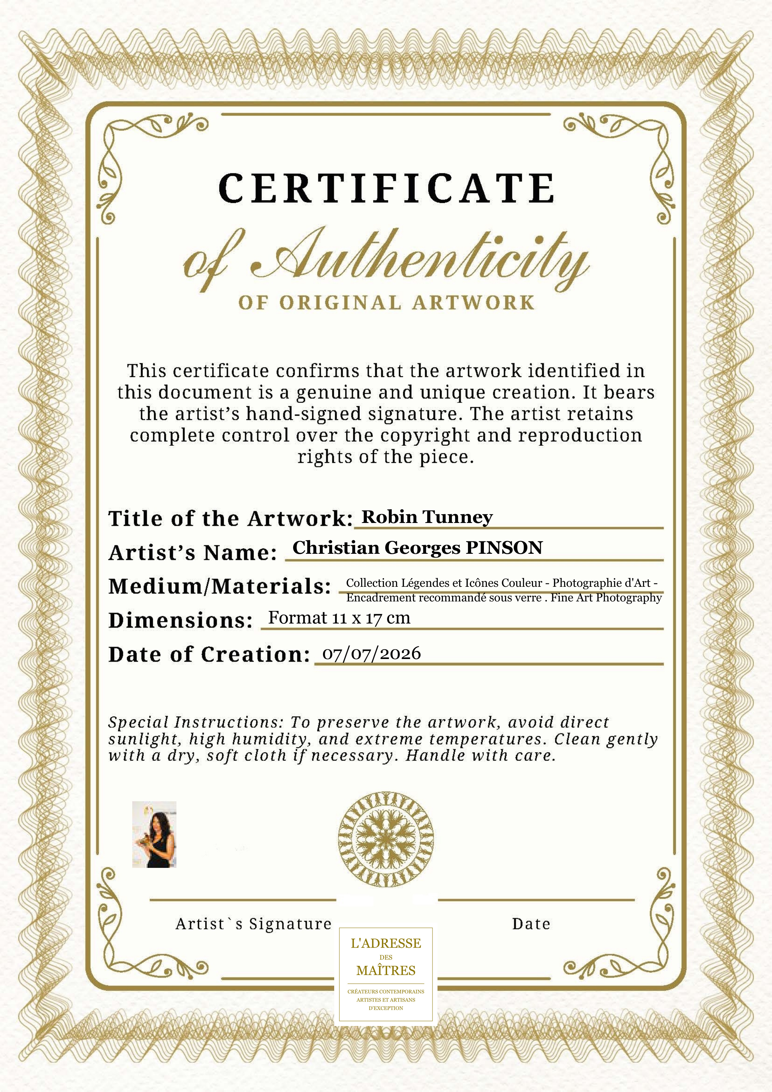 Certificat d'authenticité — Robin Tunney — Christian Georges PINSON