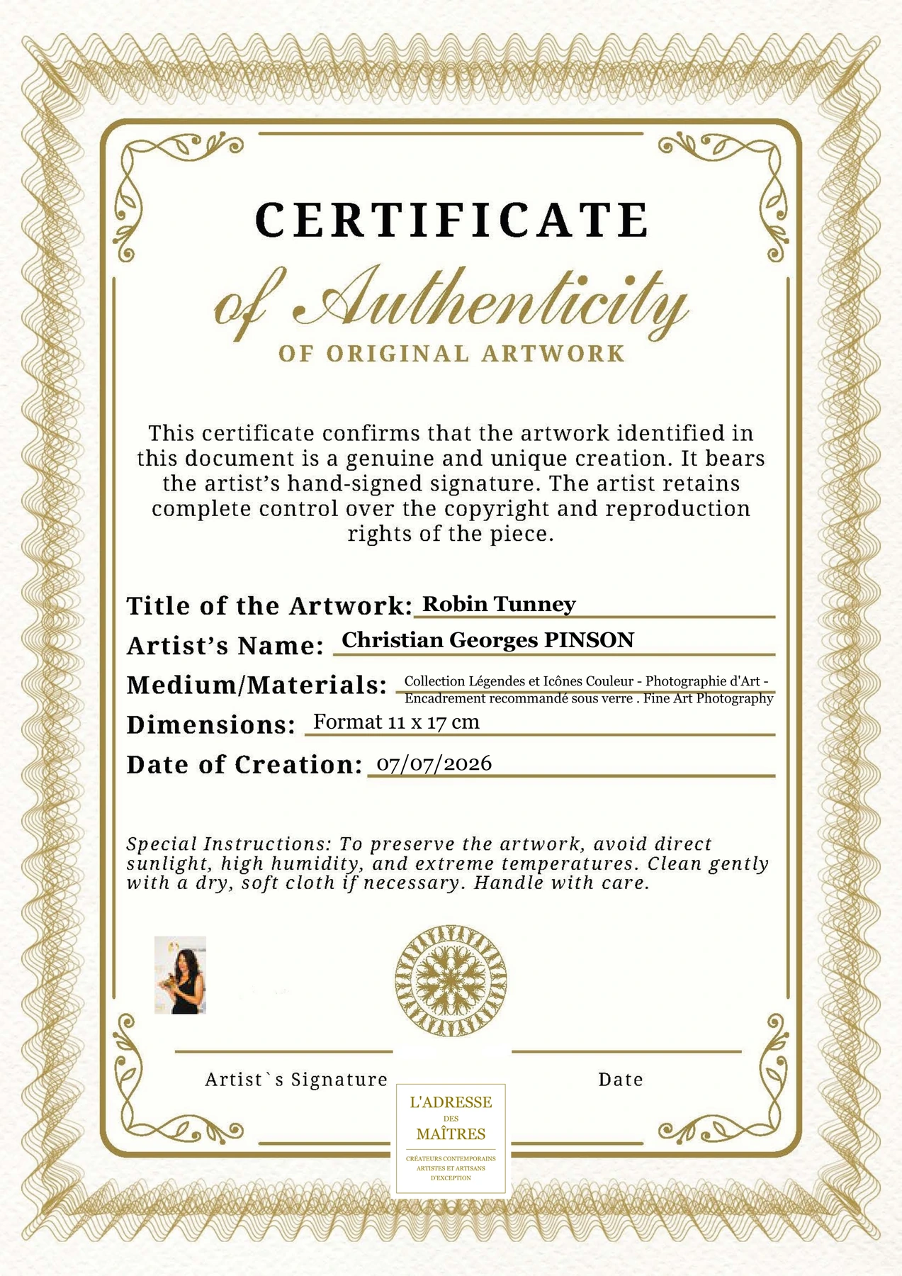 Certificat d'authenticité - Robin Tunney - Christian Georges PINSON