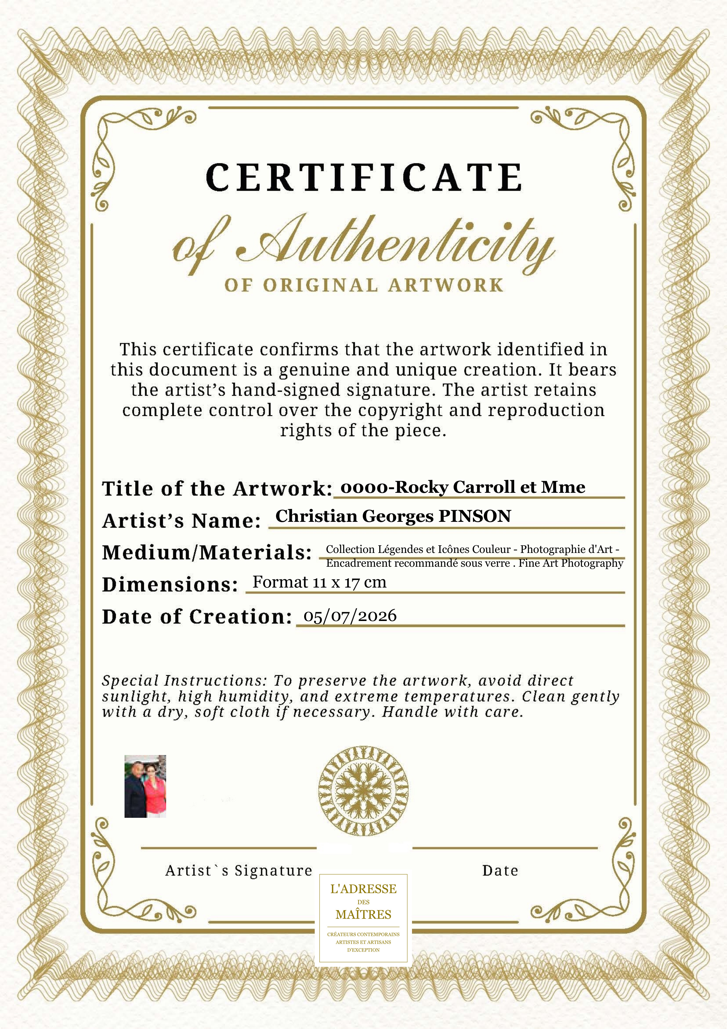Certificat d'authenticité — 0000-Rocky Carroll et Mme — Christian Georges PINSON