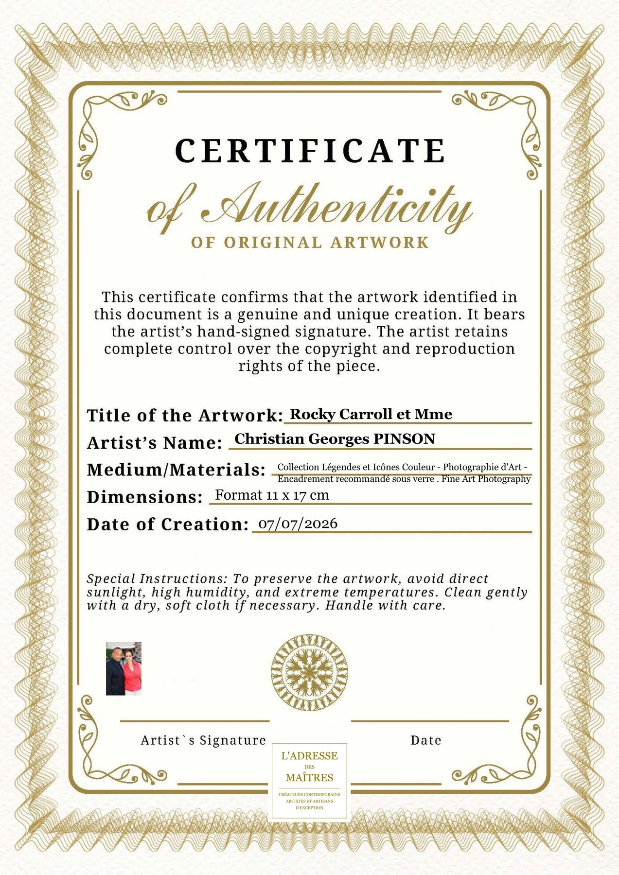 Certificat d'authenticité - Rocky Carroll et Mme - Christian Georges PINSON