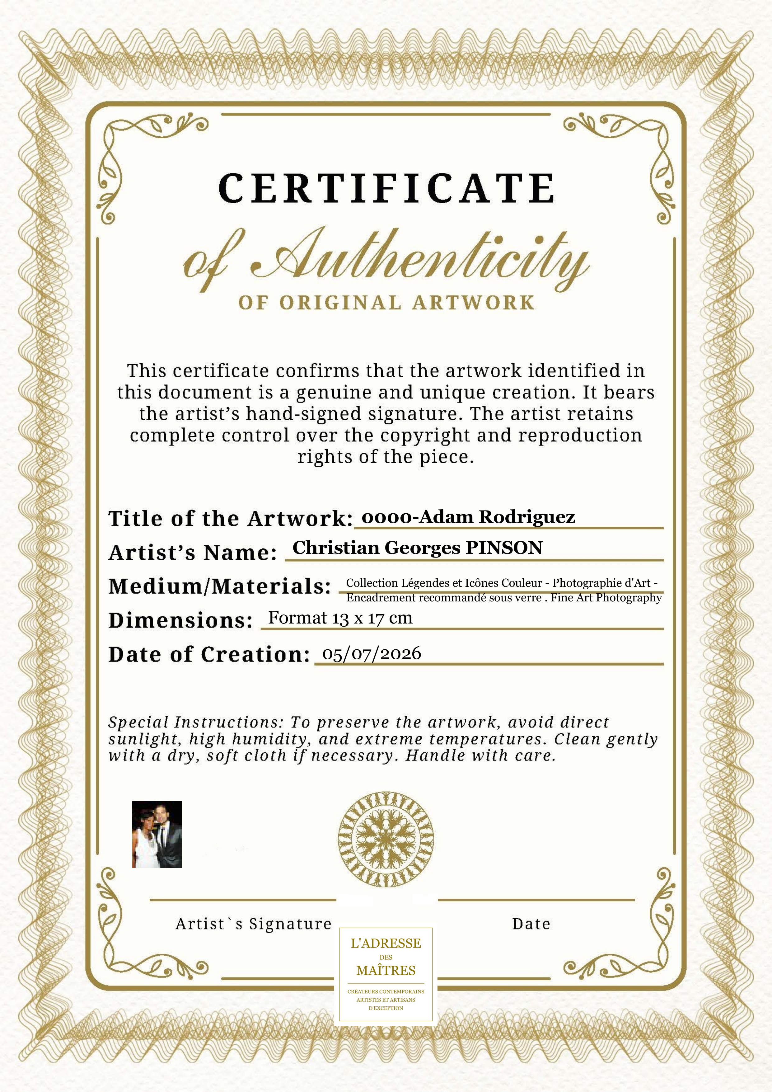 Certificat d'authenticité — 0000-Adam Rodriguez — Christian Georges PINSON