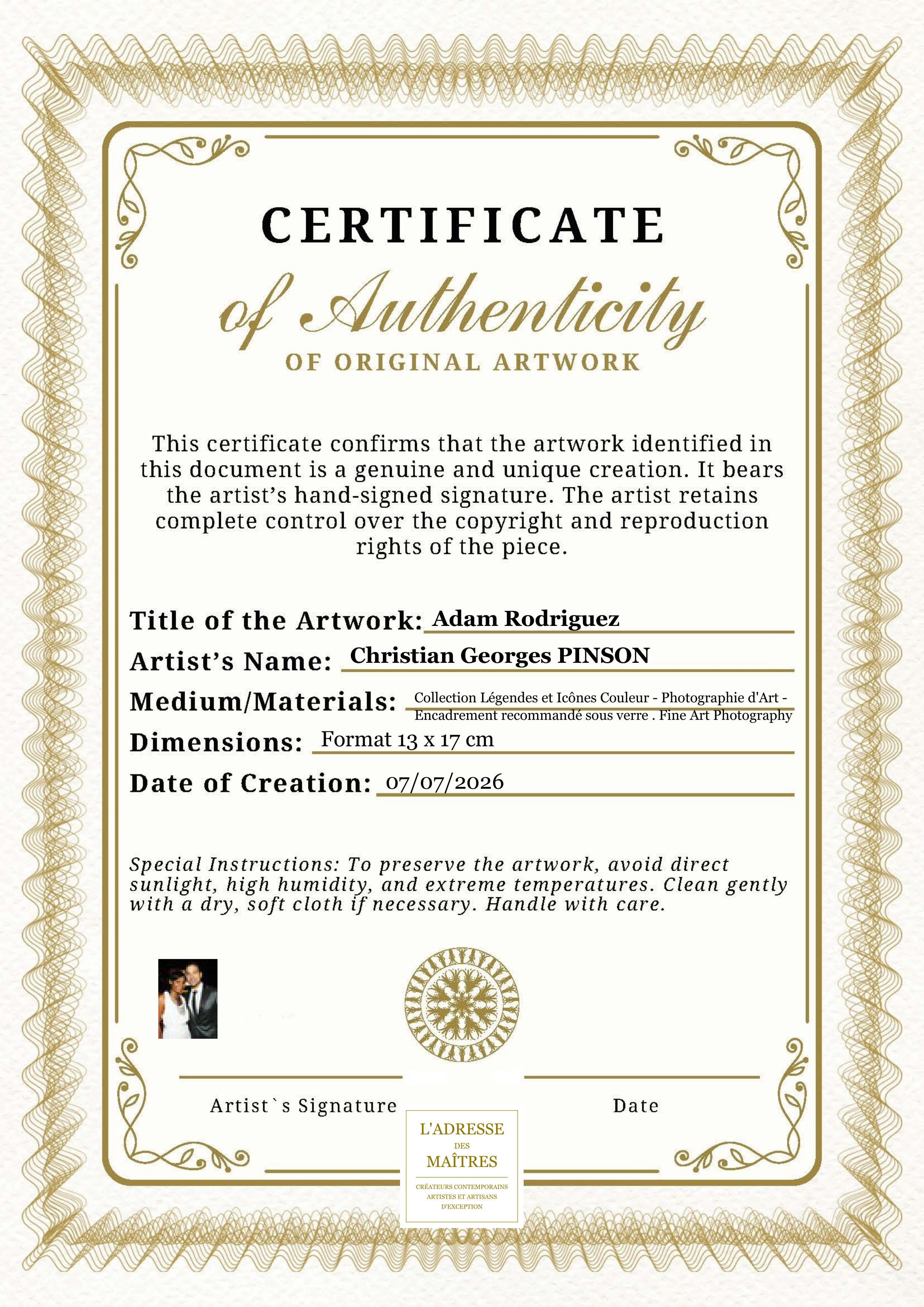 Certificat d'authenticité — Adam Rodriguez — Christian Georges PINSON