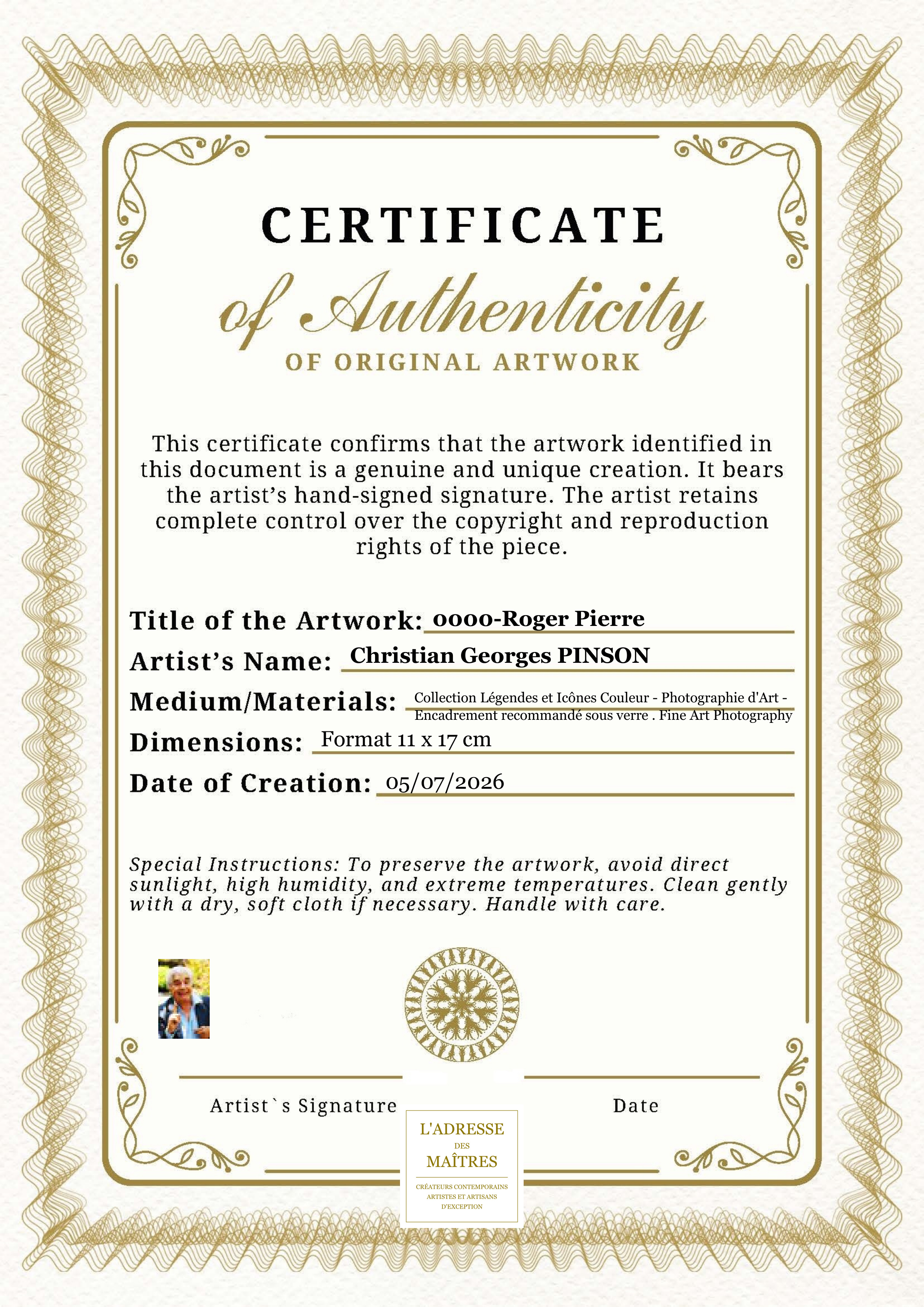 Certificat d'authenticité — 0000-Roger Pierre — Christian Georges PINSON