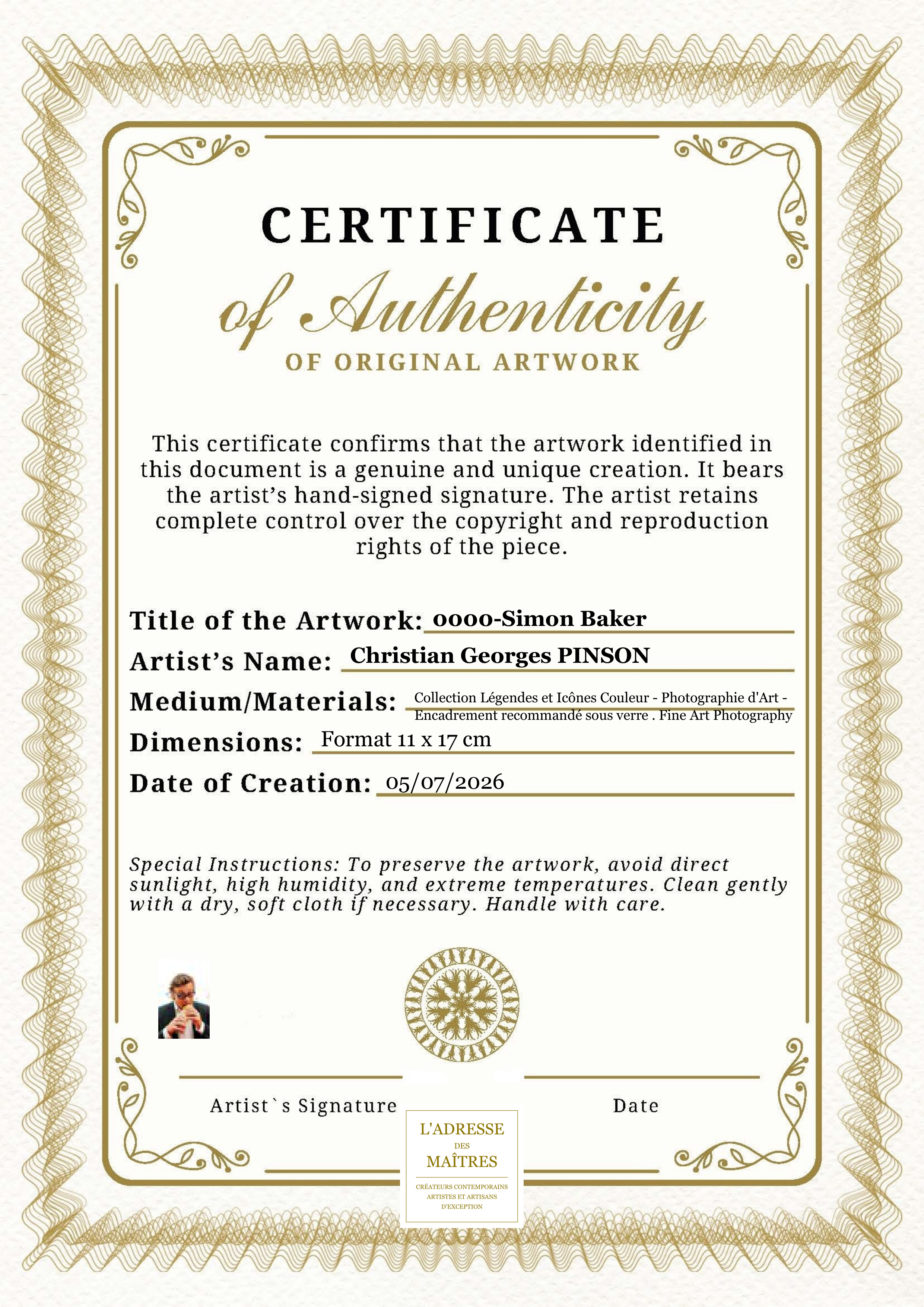 Certificat d'authenticité — 0000-Simon Baker — Christian Georges PINSON
