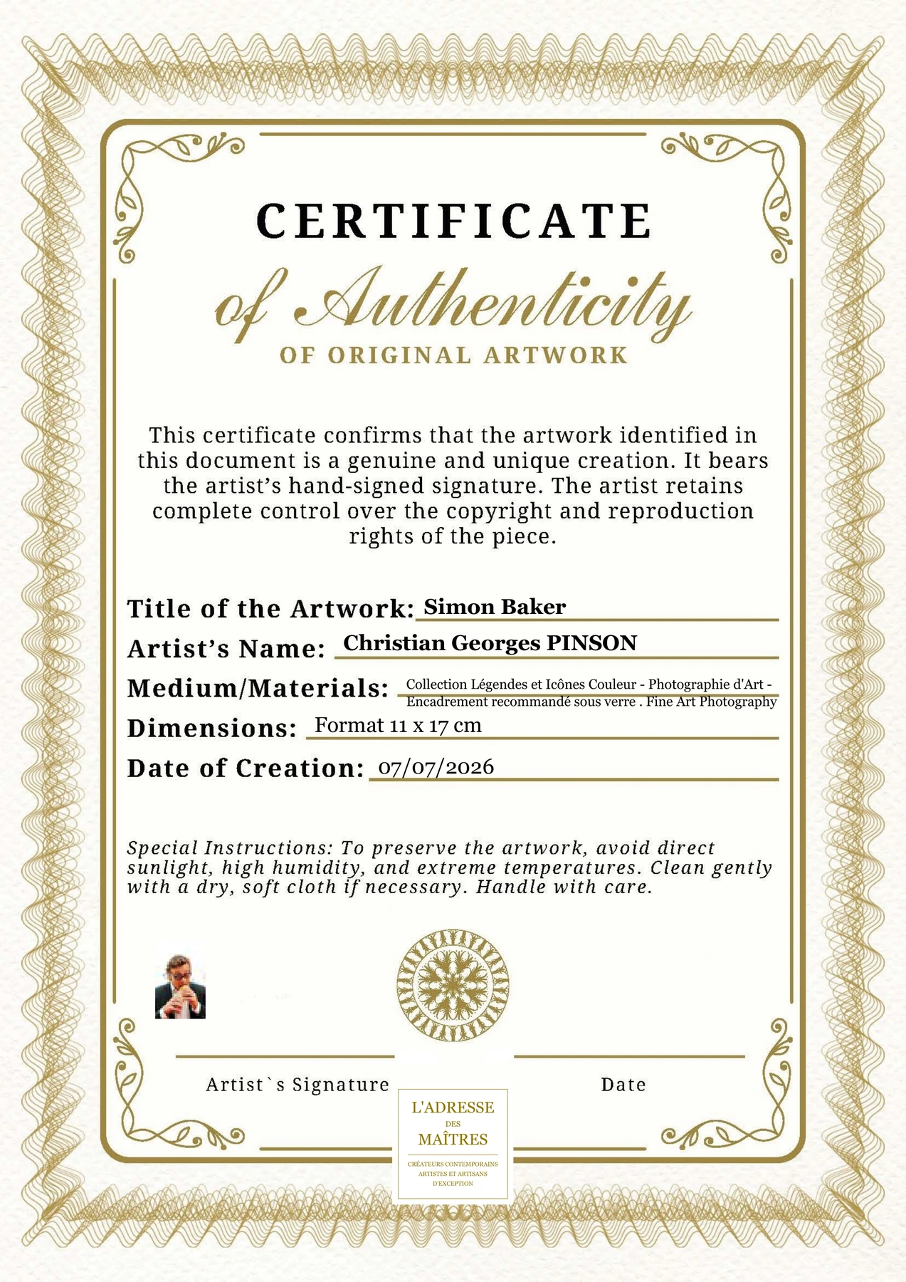 Certificat d'authenticité - Simon Baker - Christian Georges PINSON