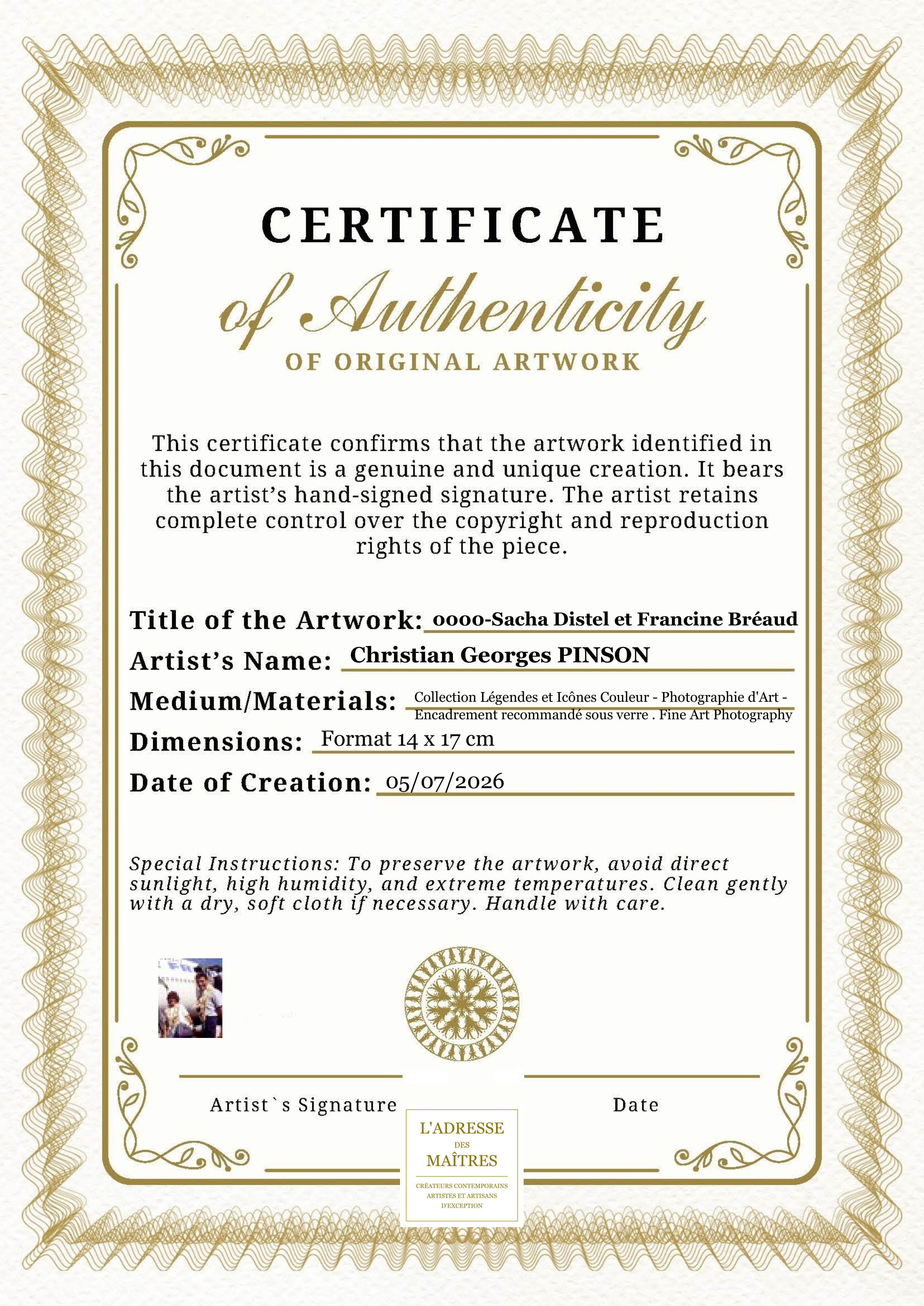 Certificat d'authenticité — 0000-Sacha Distel et Francine Bréaud — Christian Georges PINSON
