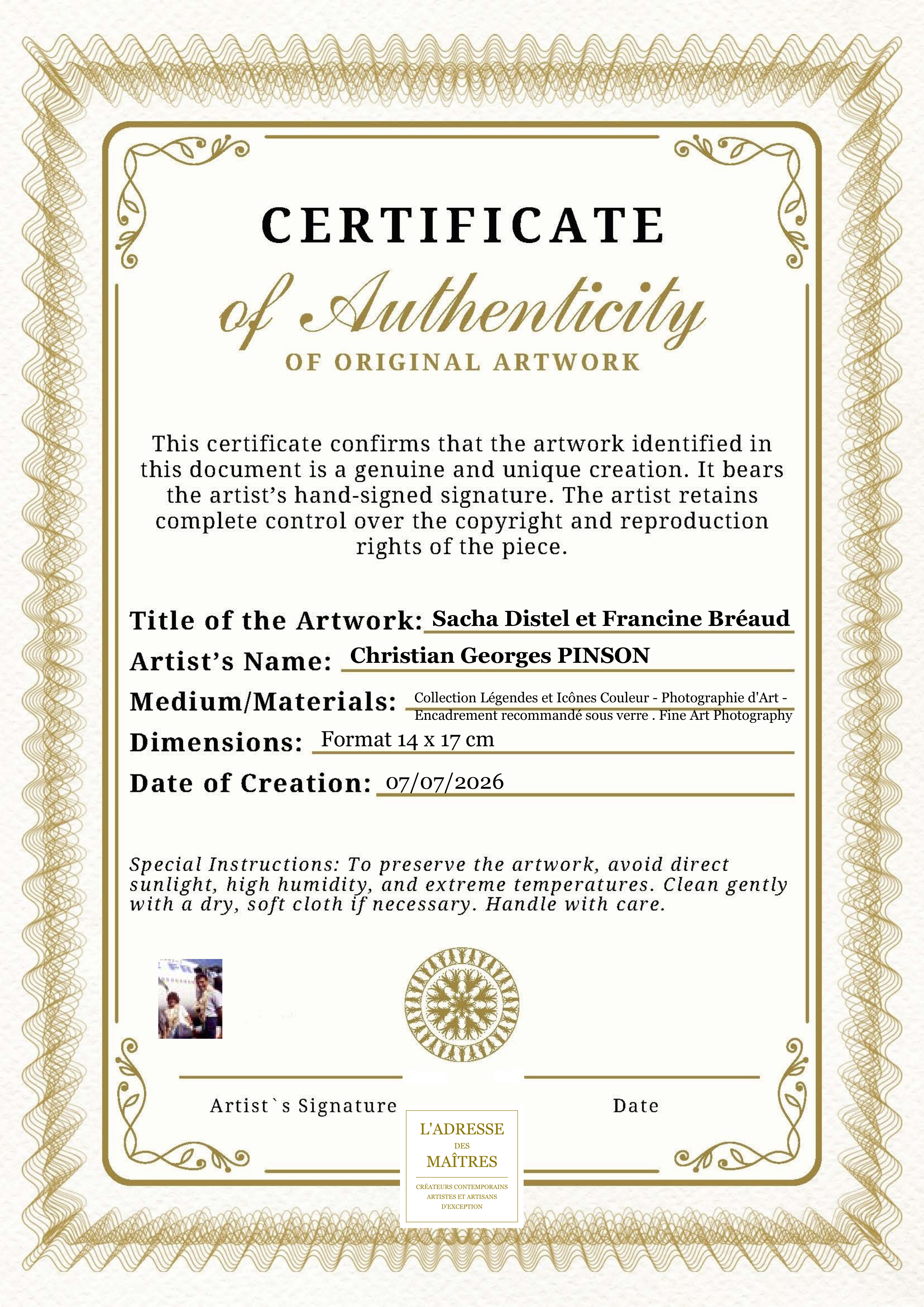 Certificat d'authenticité — Sacha Distel et Francine Bréaud — Christian Georges PINSON
