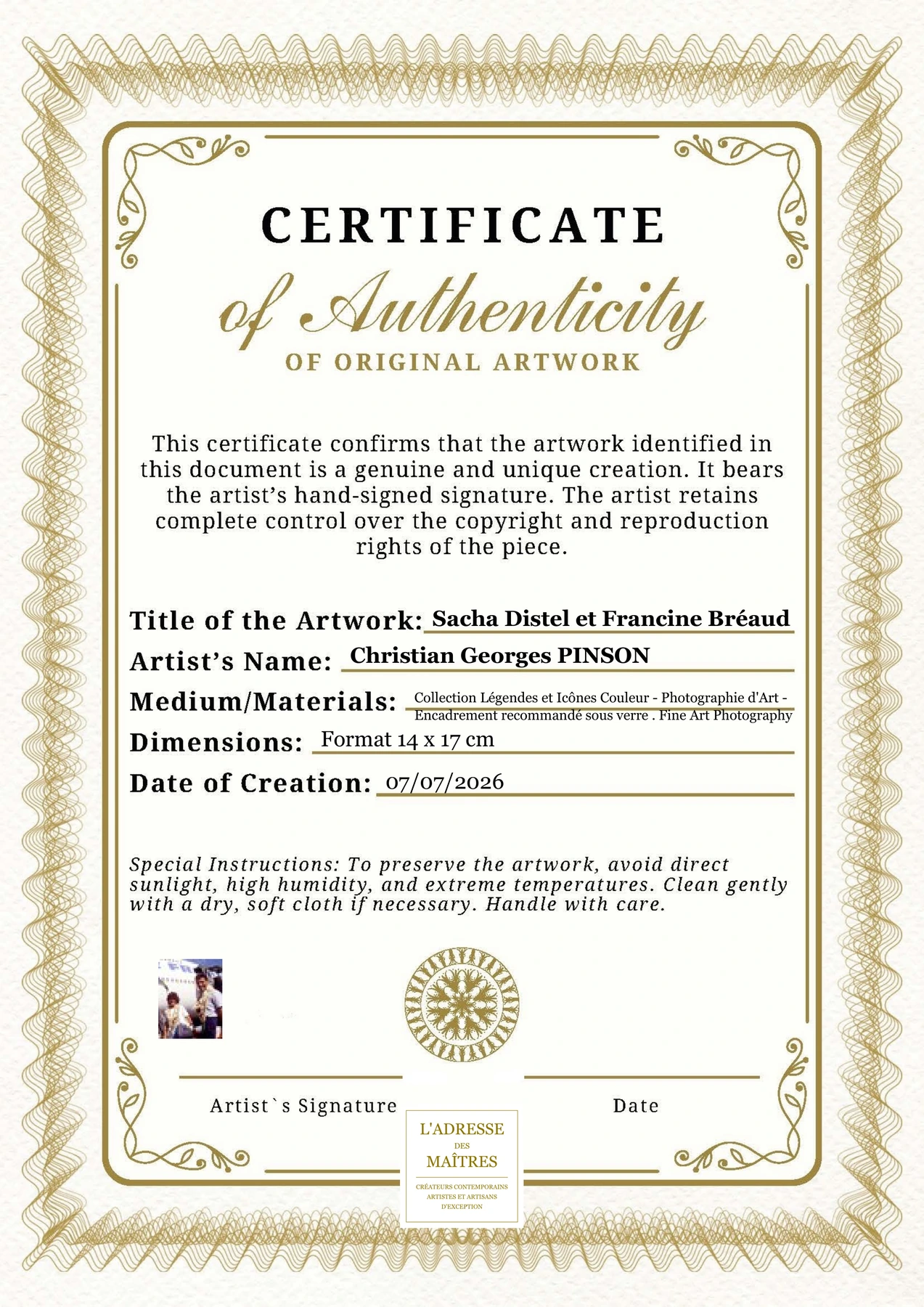 Certificat d'authenticité - Sacha Distel et Francine Bréaud - Christian Georges PINSON