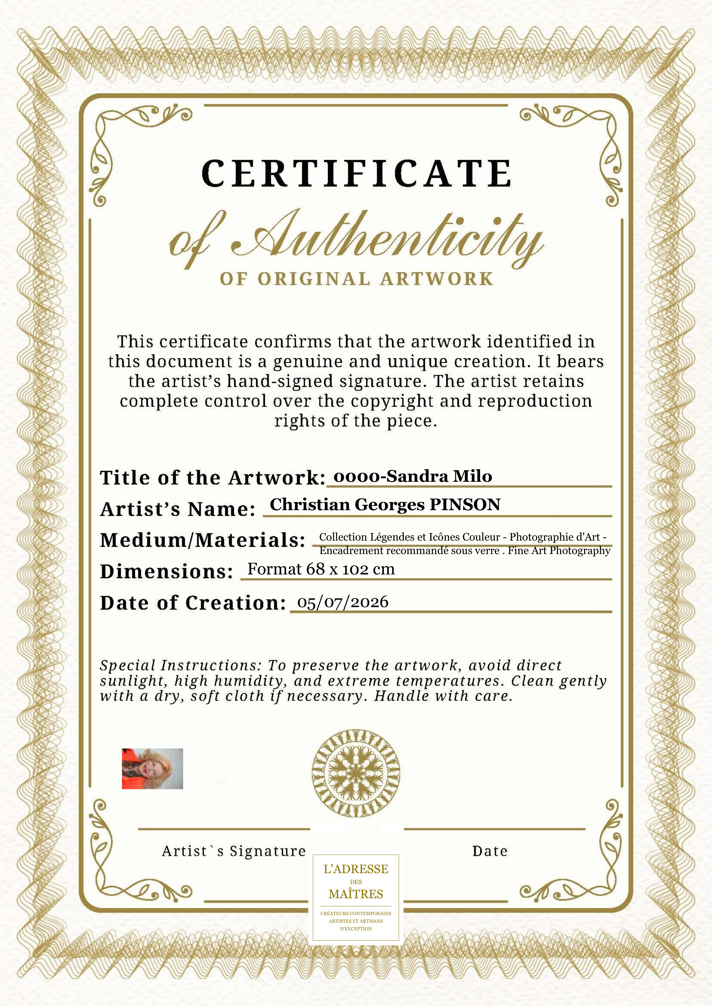 Certificat d'authenticité — 0000-Sandra Milo — Christian Georges PINSON