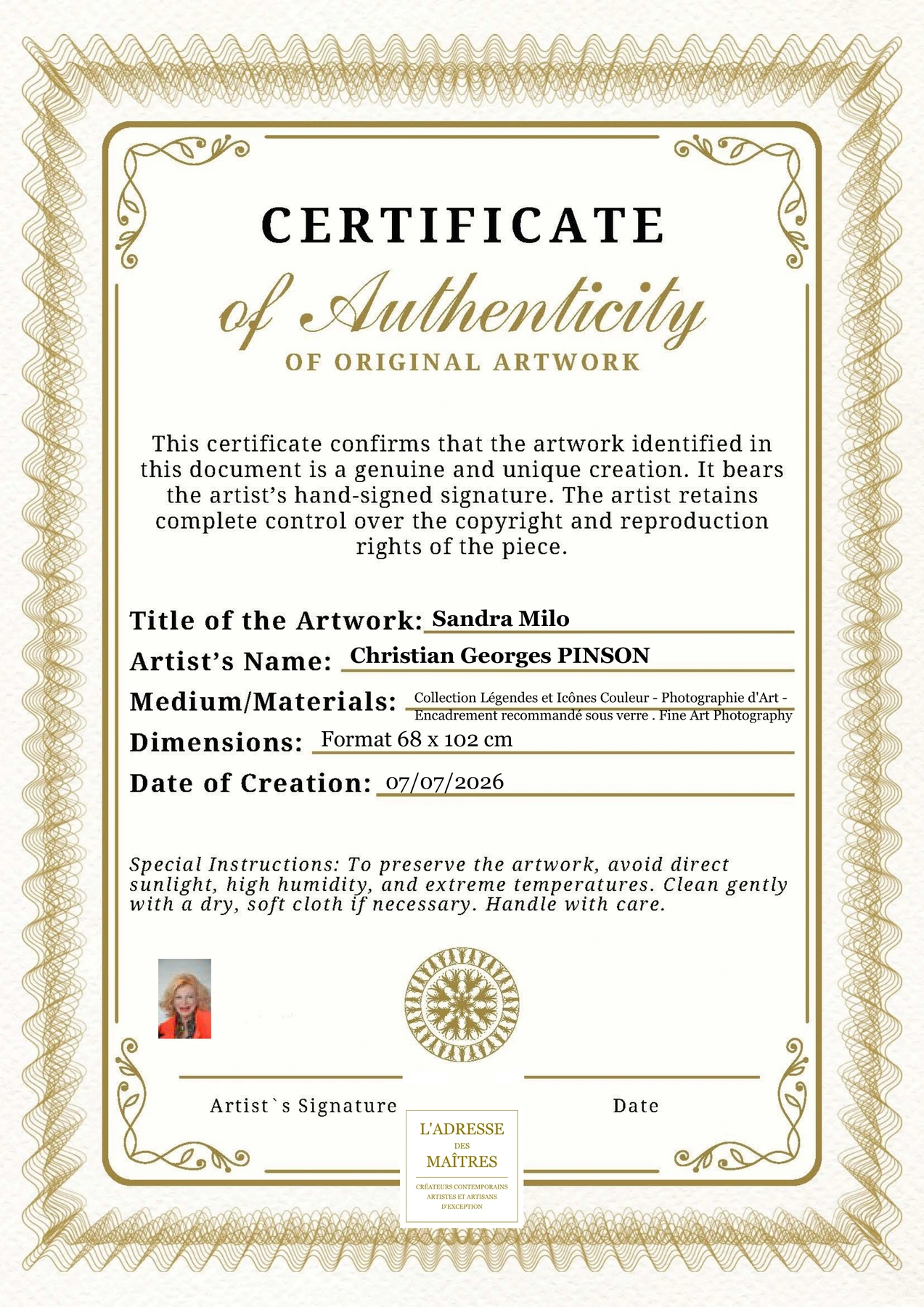 Certificat d'authenticité - Sandra Milo - Christian Georges PINSON