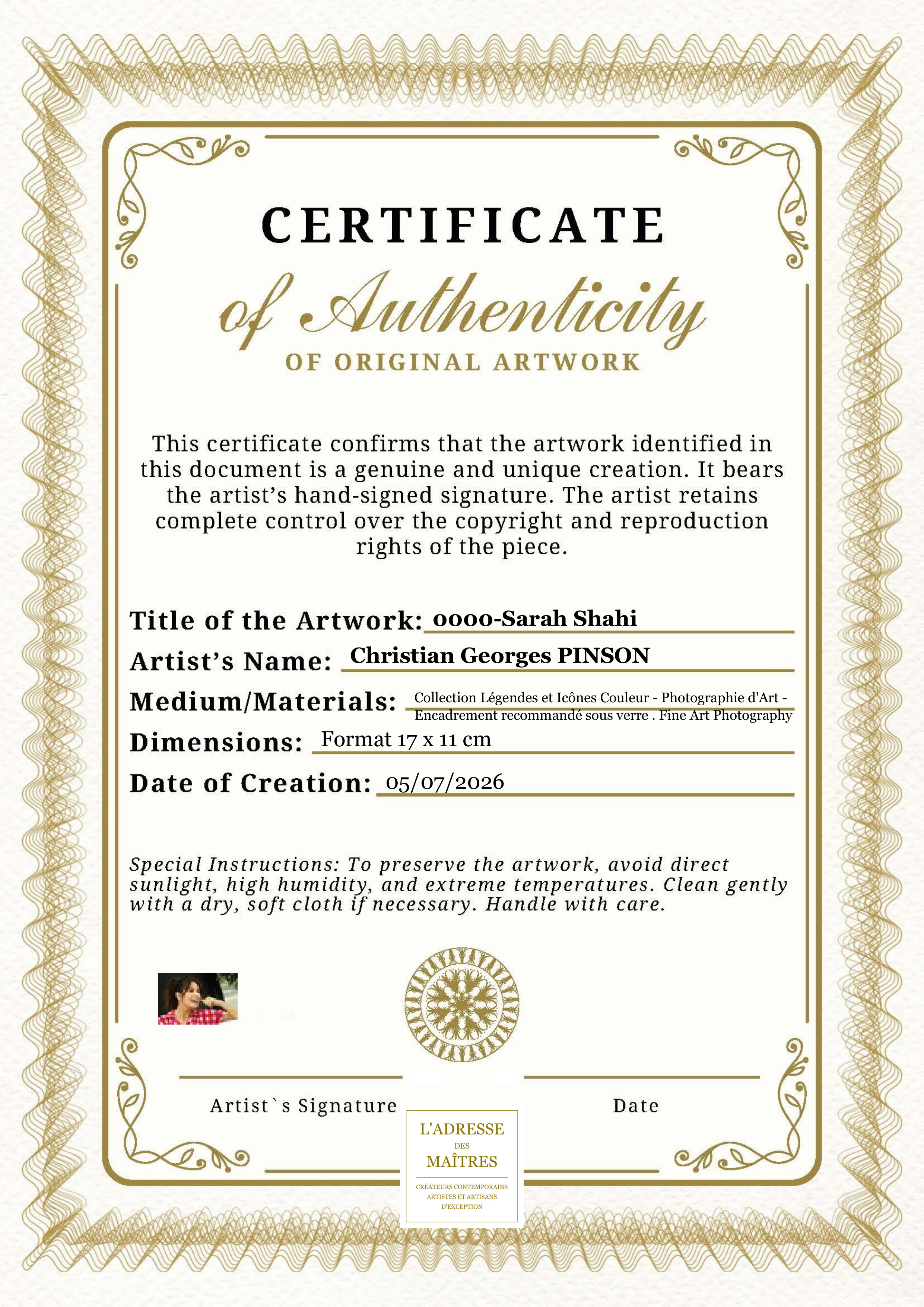 Certificat d'authenticité — 0000-Sarah Shahi — Christian Georges PINSON