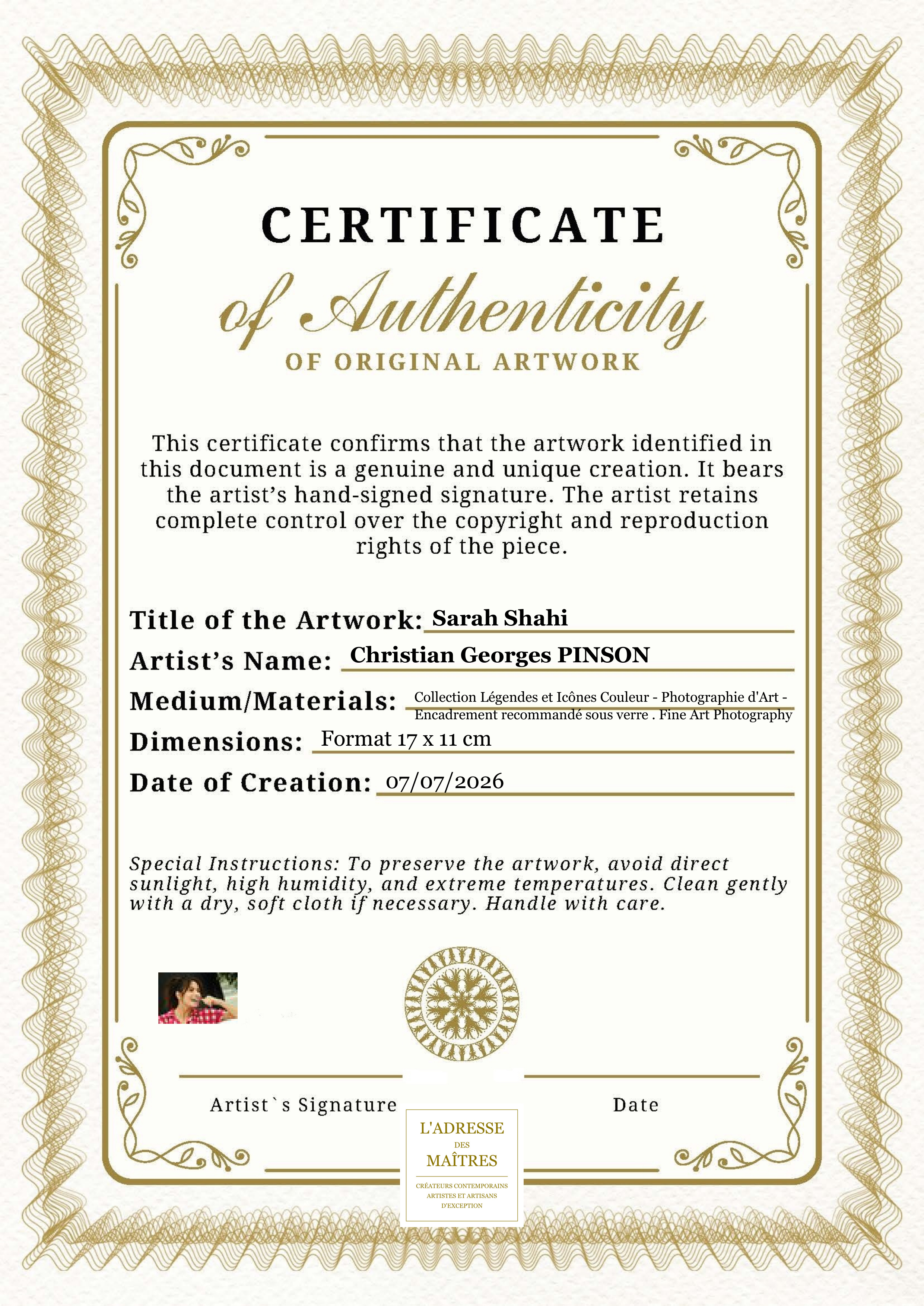Certificat d'authenticité — Sarah Shahi — Christian Georges PINSON