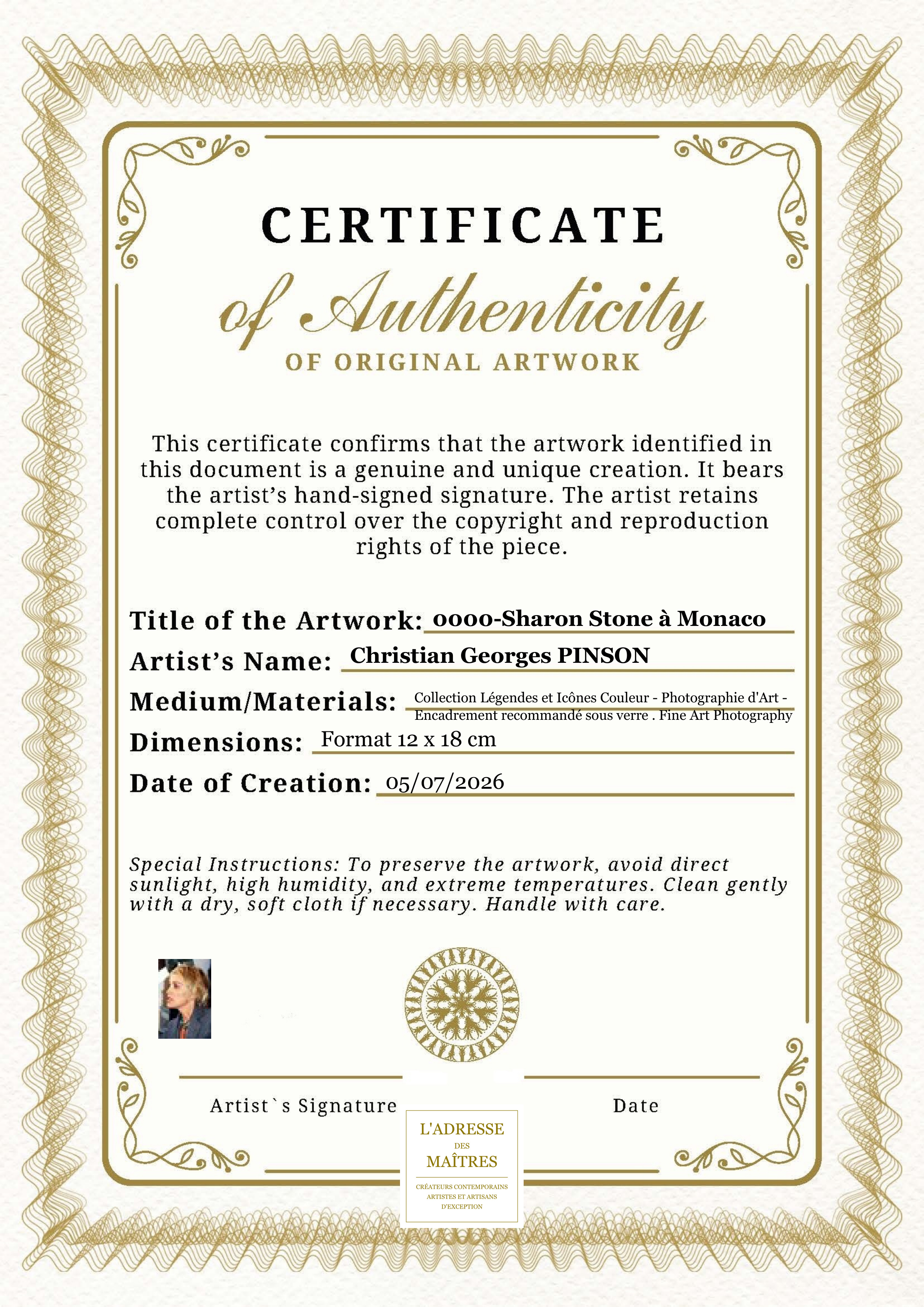 Certificat d'authenticité — 0000-Sharon Stone à Monaco — Christian Georges PINSON