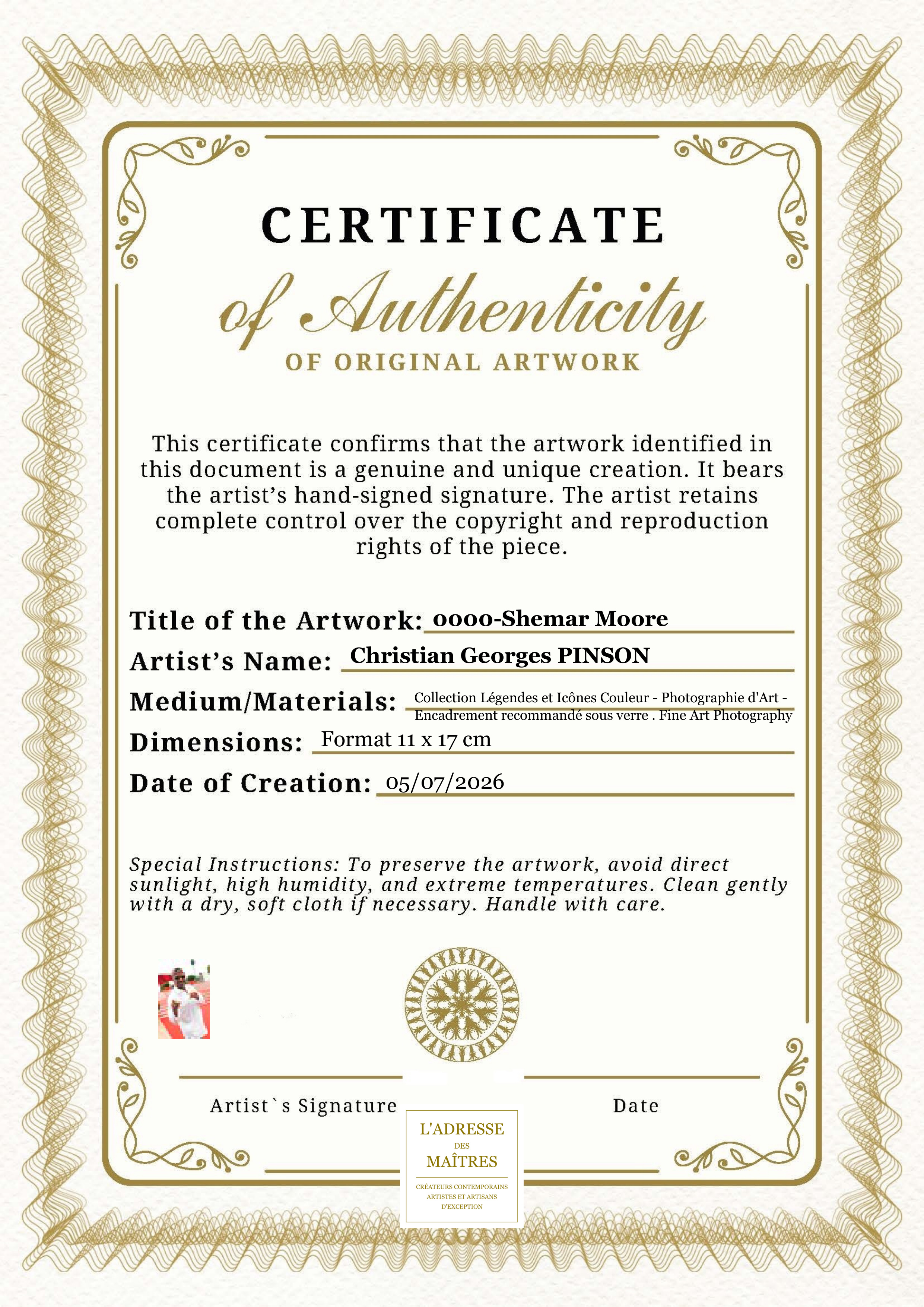 Certificat d'authenticité — 0000-Shemar Moore — Christian Georges PINSON