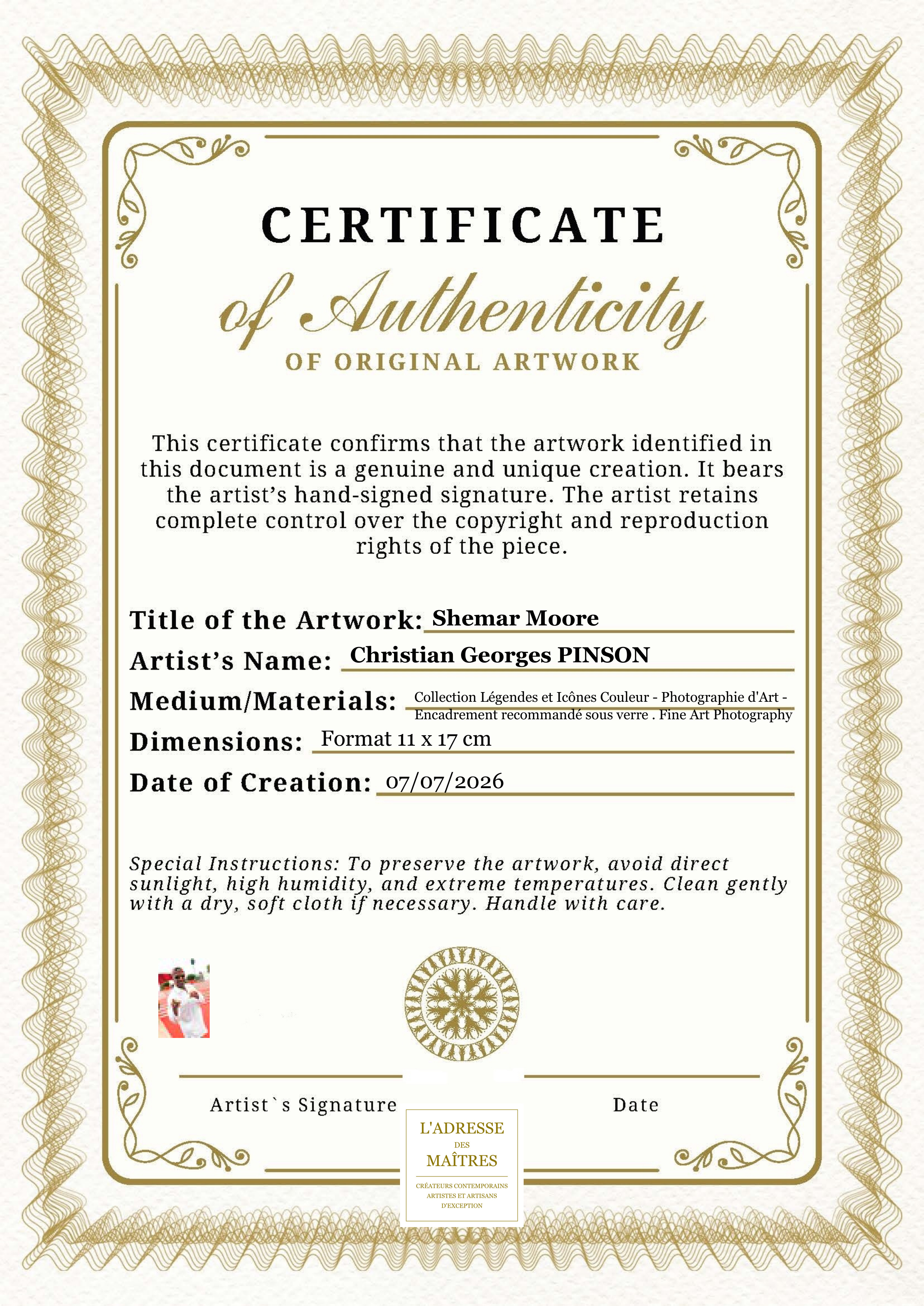 Certificat d'authenticité — Shemar Moore — Christian Georges PINSON