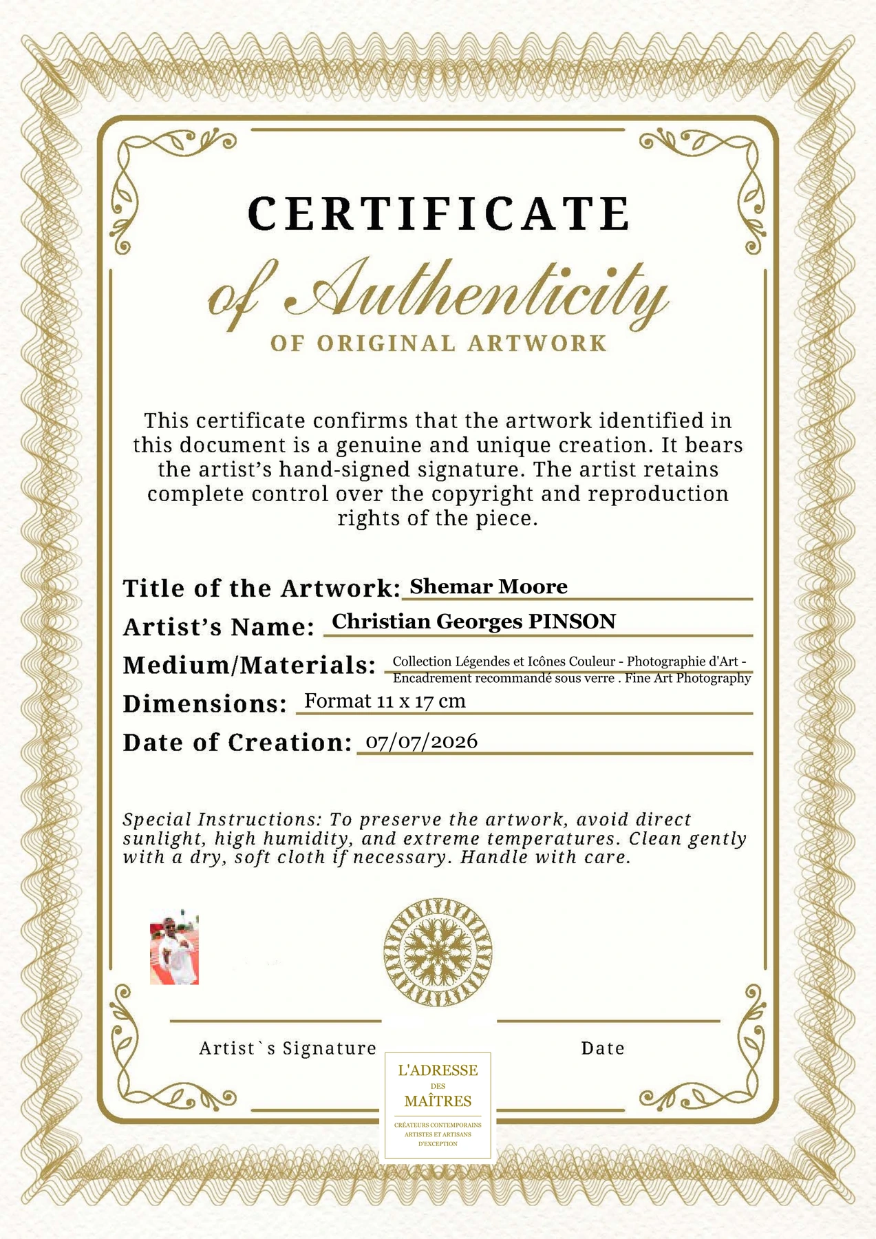 Certificat d'authenticité - Shemar Moore - Christian Georges PINSON