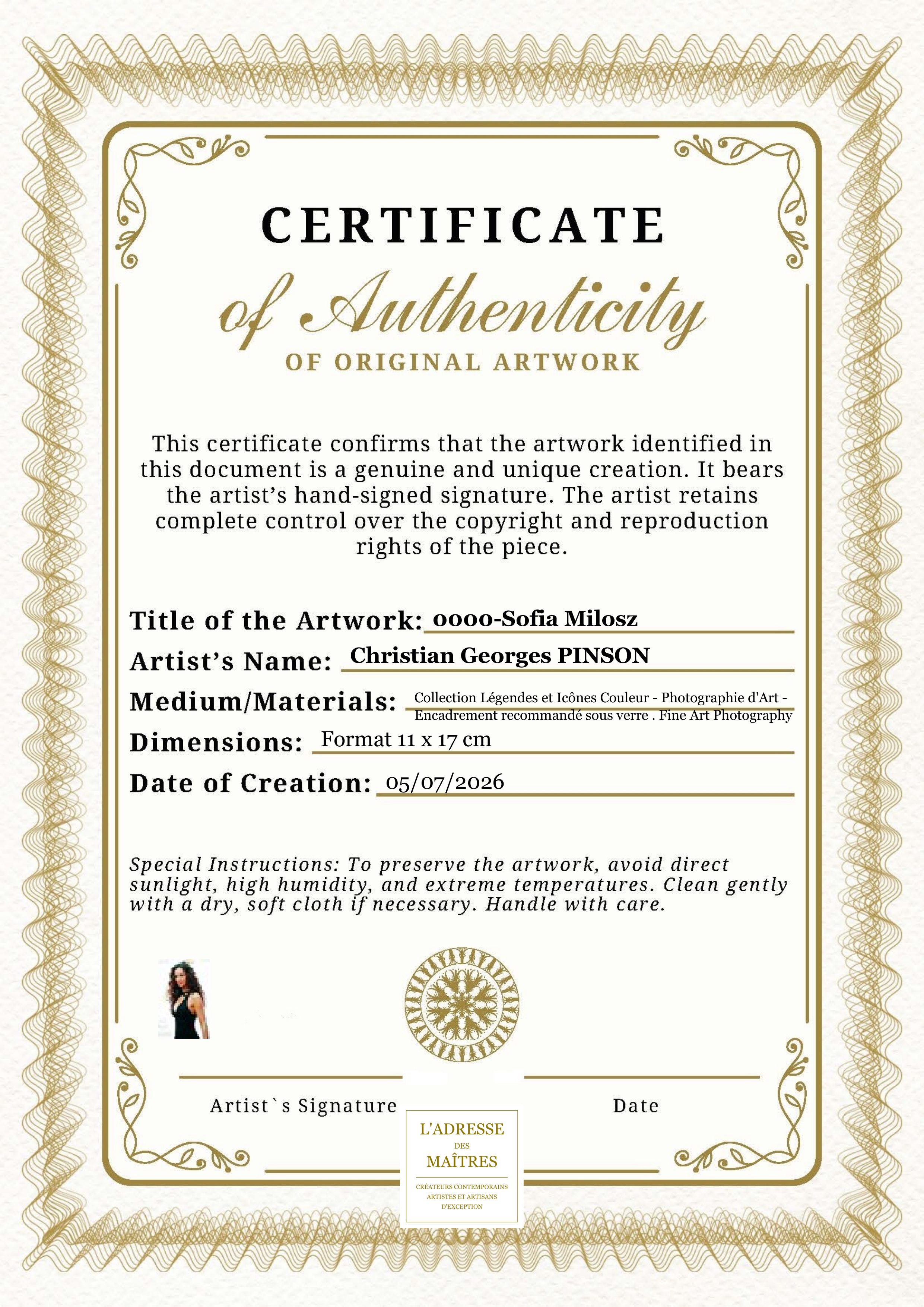Certificat d'authenticité — 0000-Sofia Milosz — Christian Georges PINSON