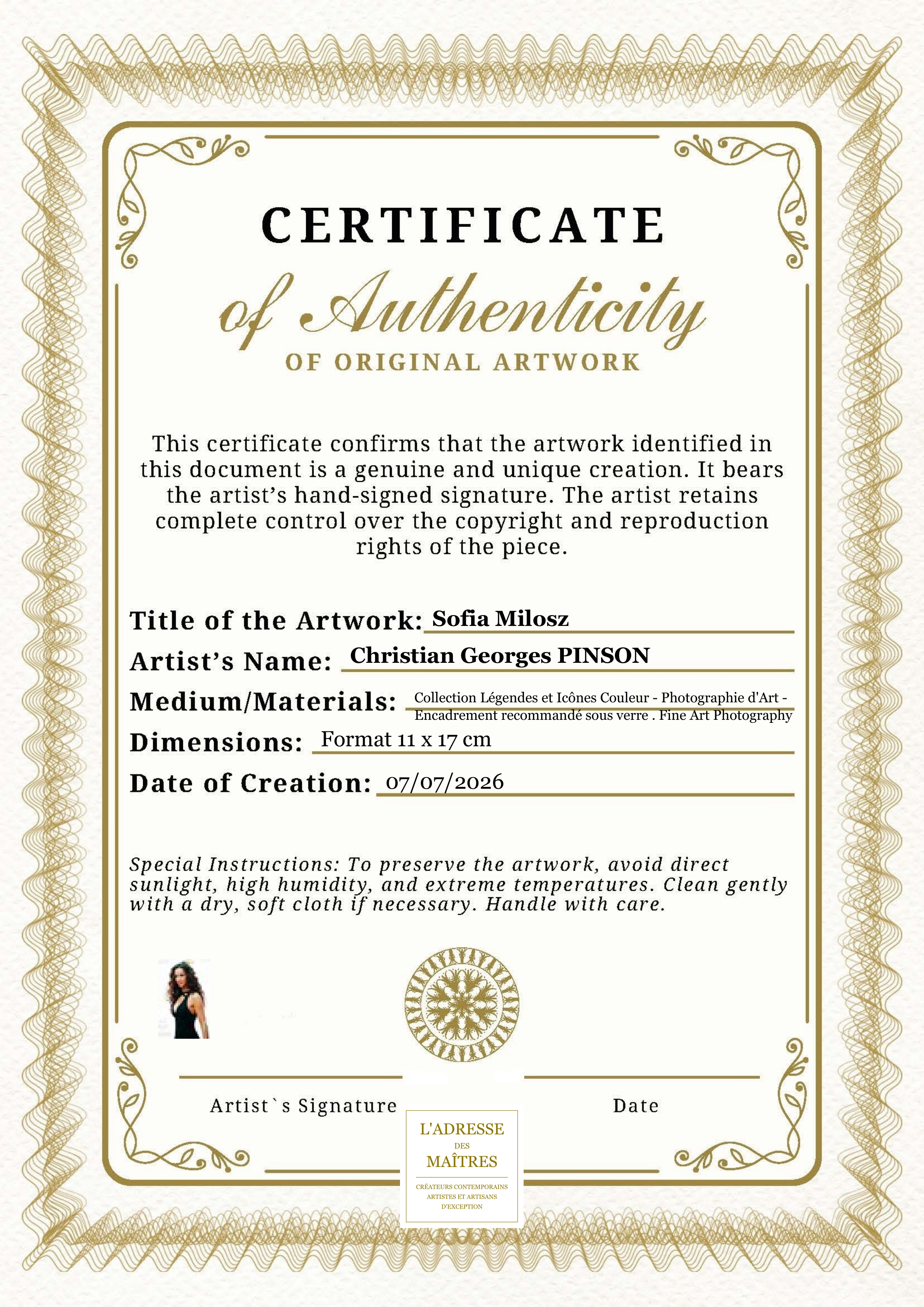 Certificat d'authenticité — Sofia Milosz — Christian Georges PINSON